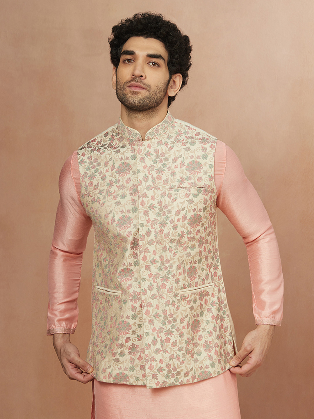 Manyavar Men Cream Print & Self Design Embroidered Nehru Jacket