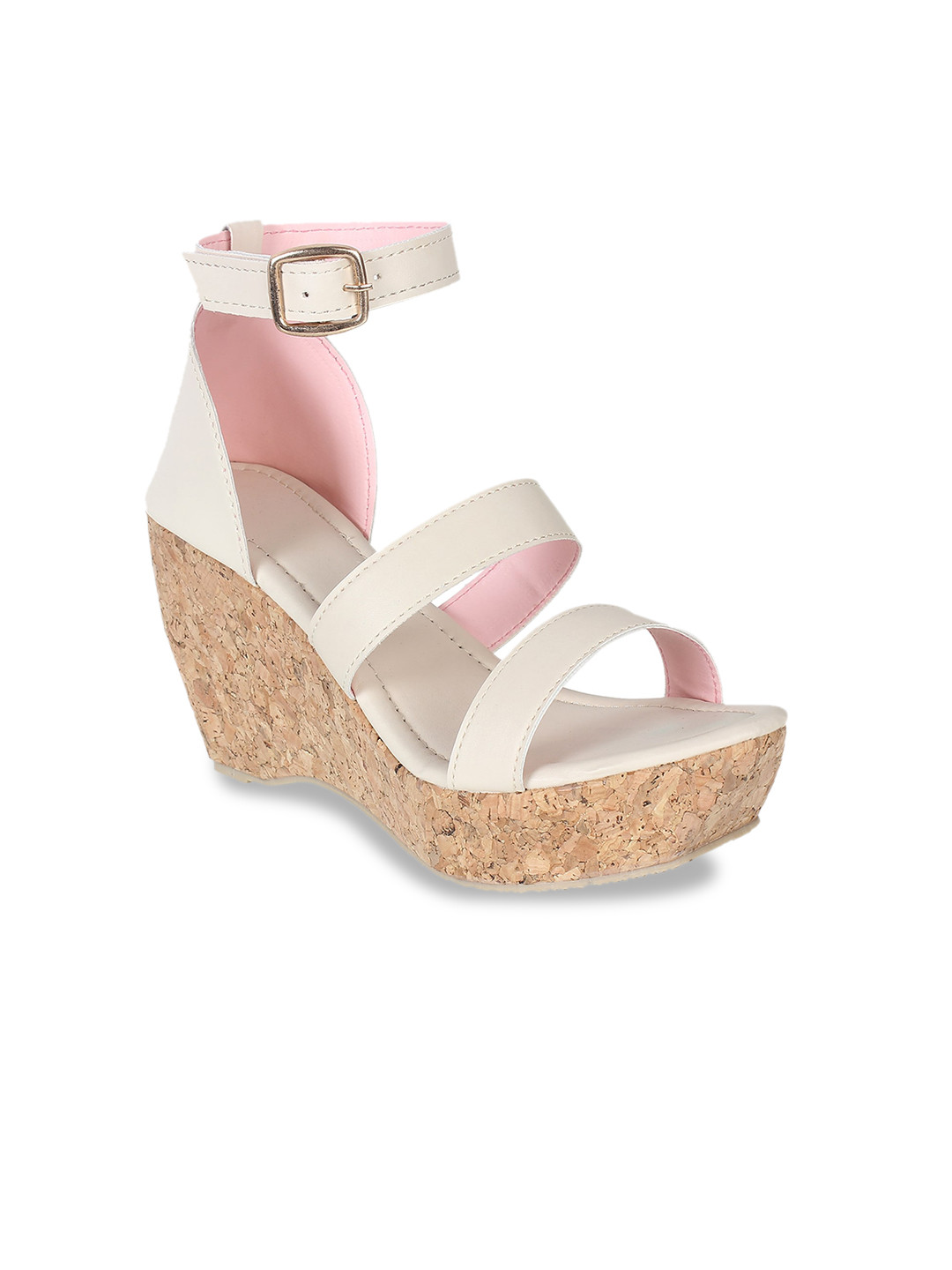 Glitzy Galz Cream-Coloured & Beige Printed Party High-Top Wedge Sandals with Buckles