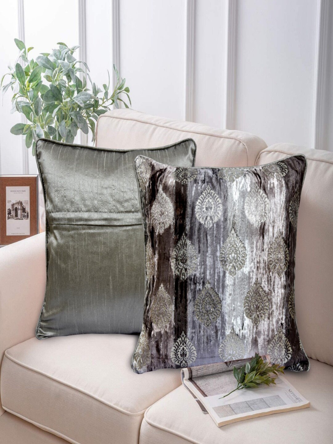 INDHOME LIFE Brown & Grey Pack of 2 Floral Velvet Rectangle Cushion Covers