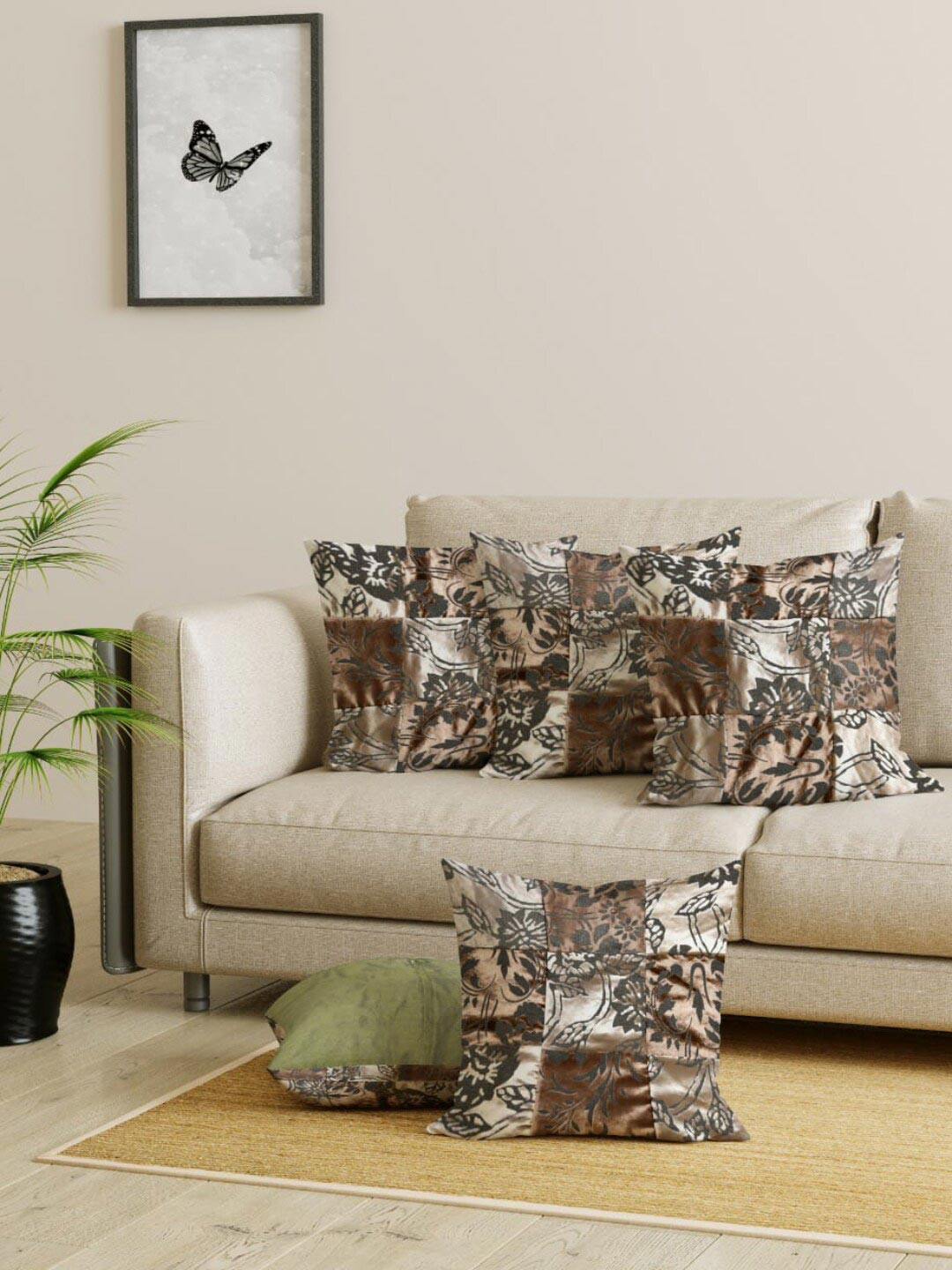 INDHOME LIFE Gold-Toned & Green Set of 5 Floral Velvet Square Cushion Covers