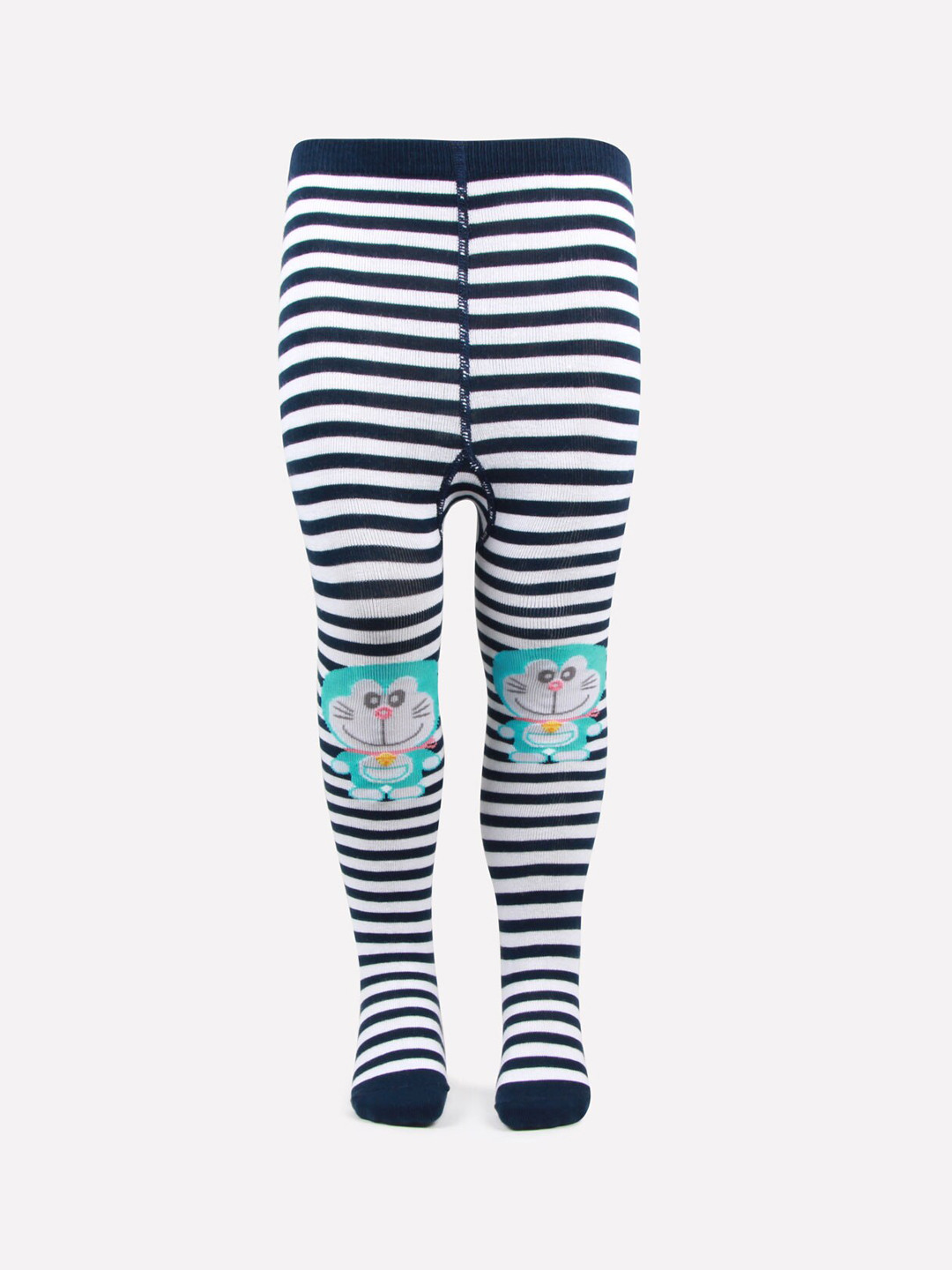 Bonjour Girls Blue & White Striped Doraemon Printed Anti Odour Knitted Tights