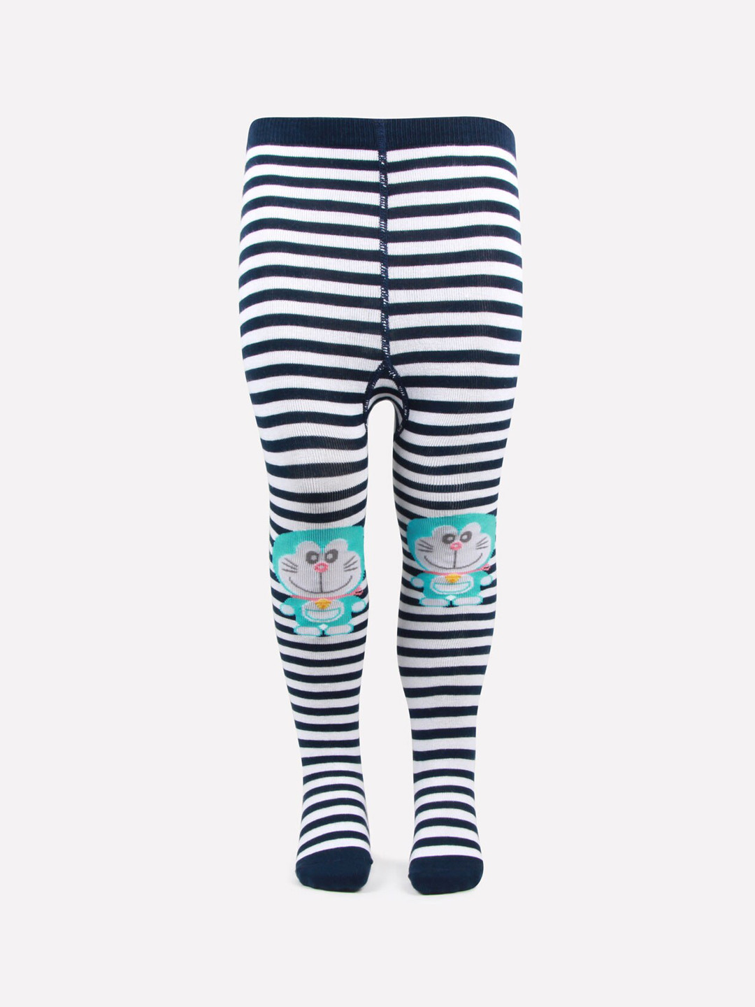 Bonjour Girls Navy Blue & White Striped Doraemon Anti-Odour Knitted Tights