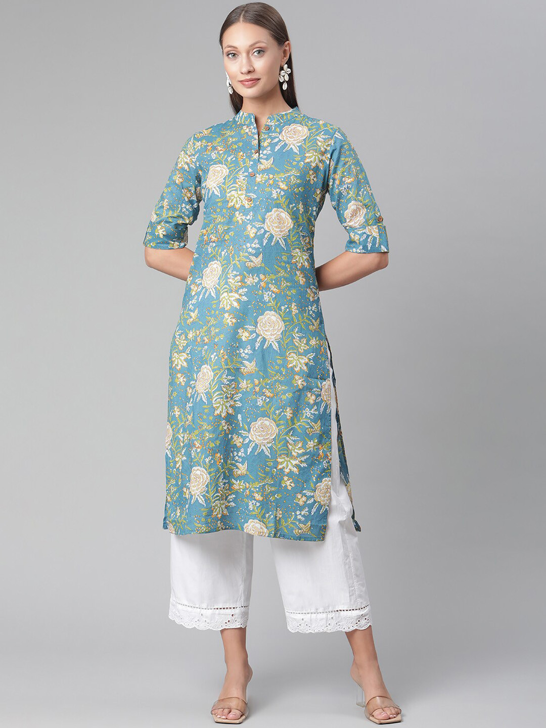 Divena Women Teal Floral Printed Straight Kurta