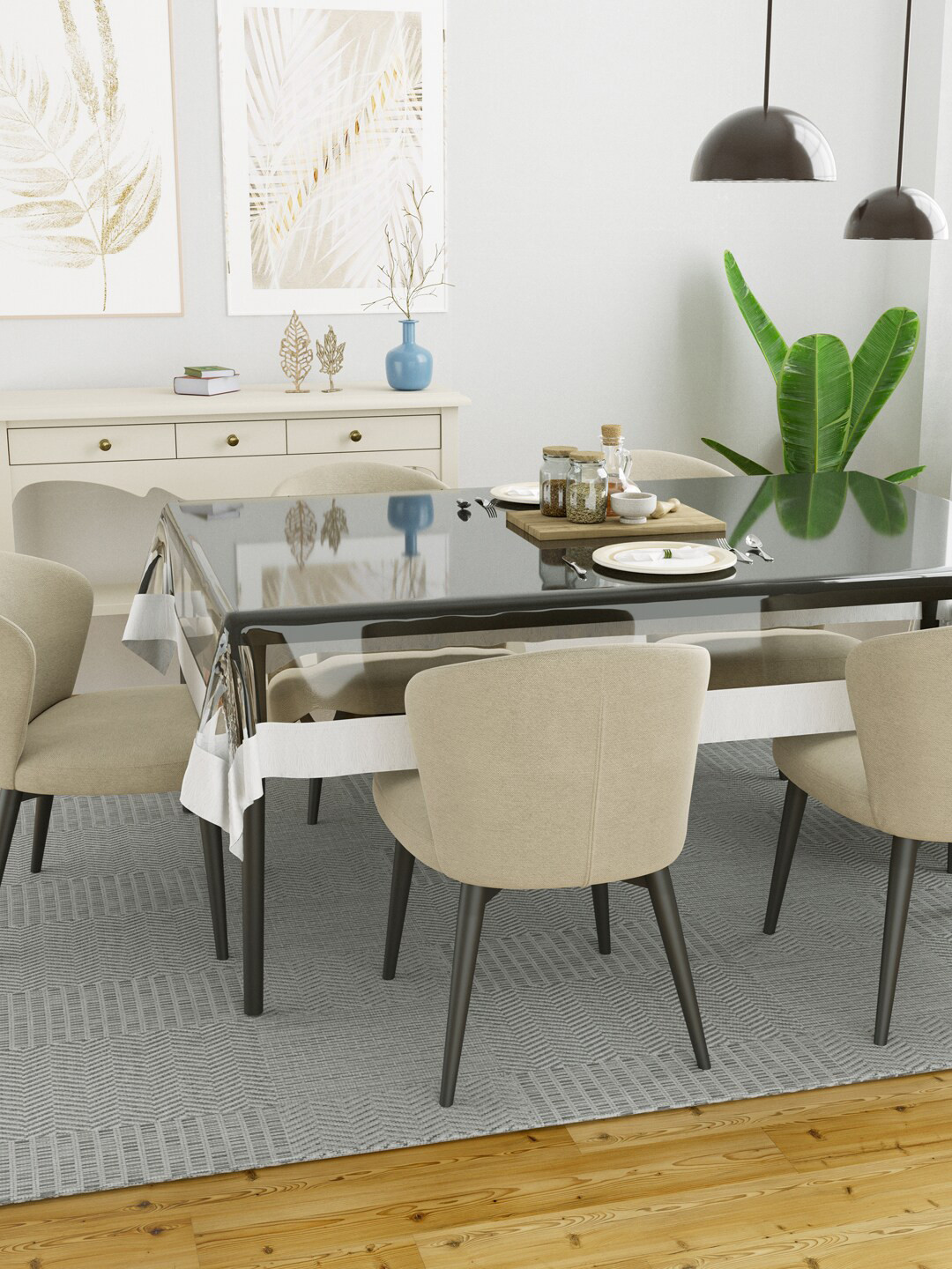 Clasiko Transparent & White Solid Rectangular 6-Seater Table Cover