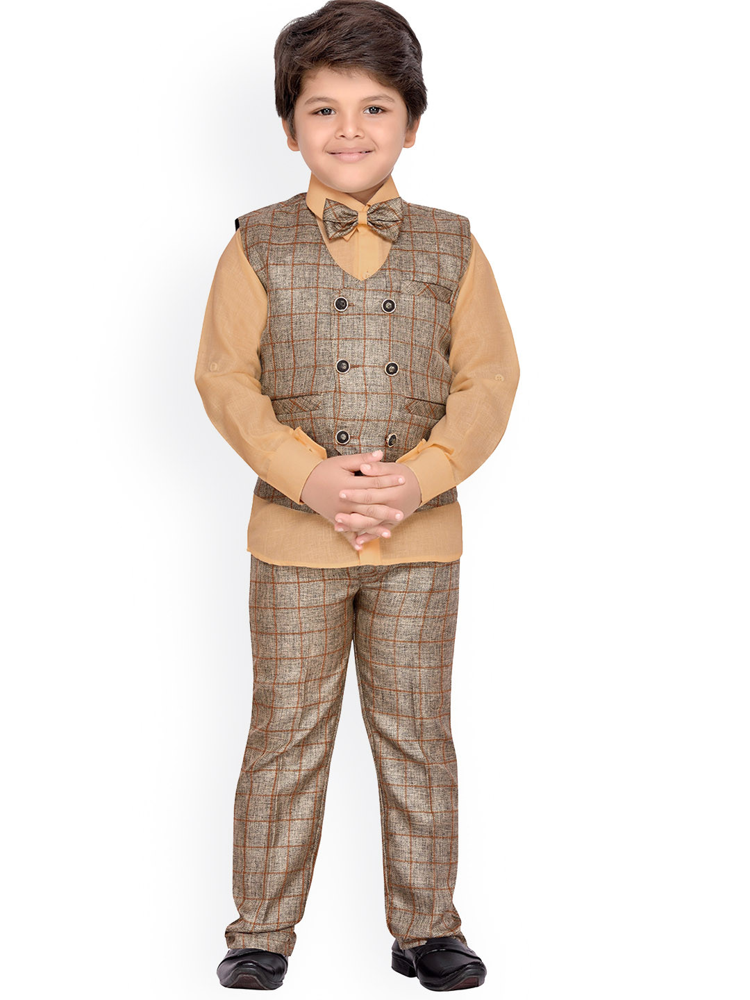 Aj DEZInES Boys Brown & Beige Shirt with Trousers Waistcoat & Bow-Tie