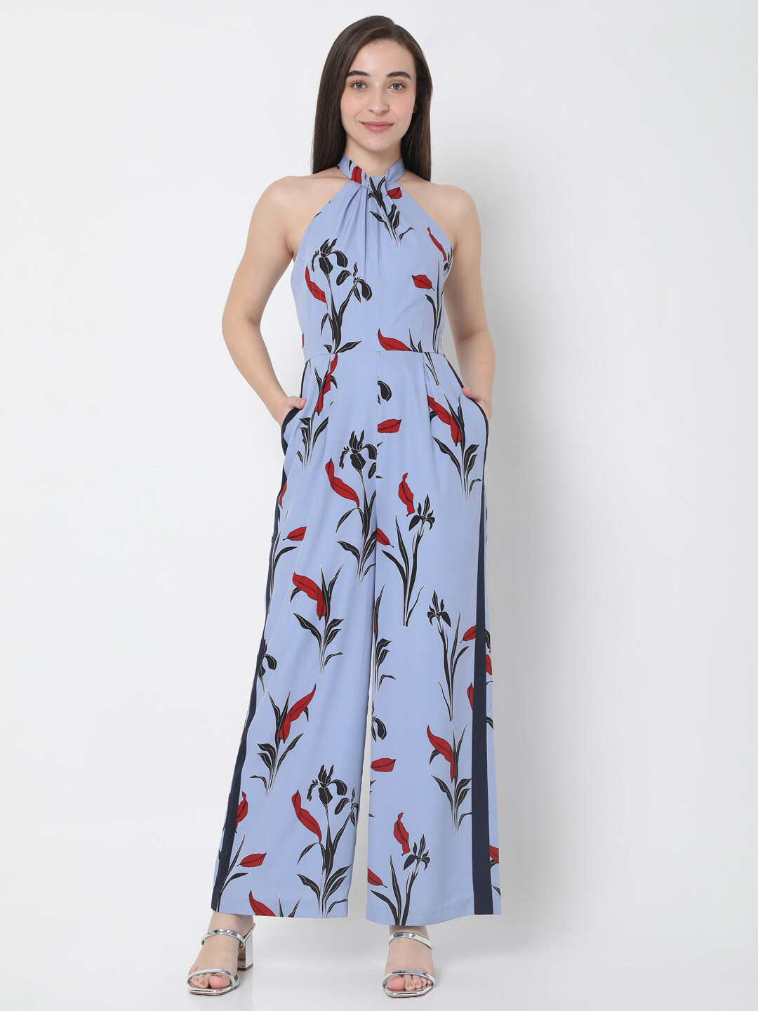 Vero Moda Women Blue Floral Print Halter Neck Jumpsuit