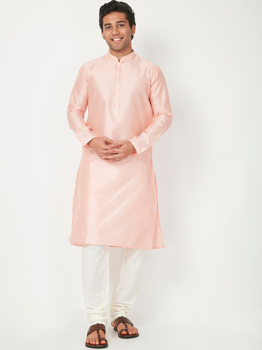 Ethnicity Men Pink and White Kurta with Churidar