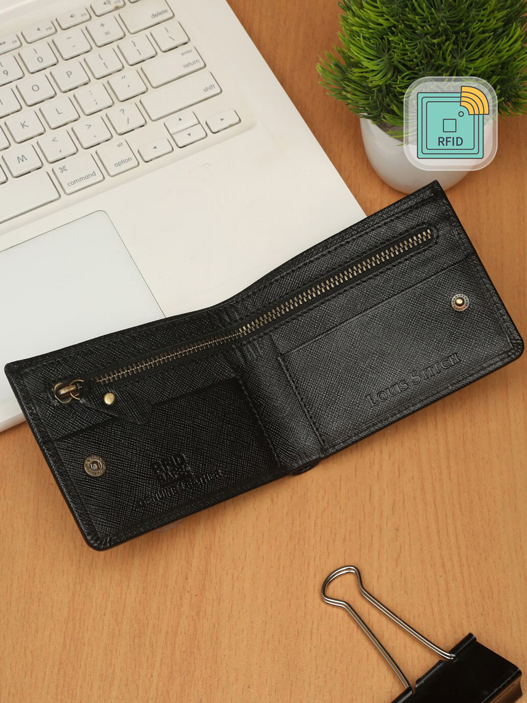 LOUIS STITCH Black Saffiano Leather Bifold Men's Wallet with Zip Pocket and RFID Blocking