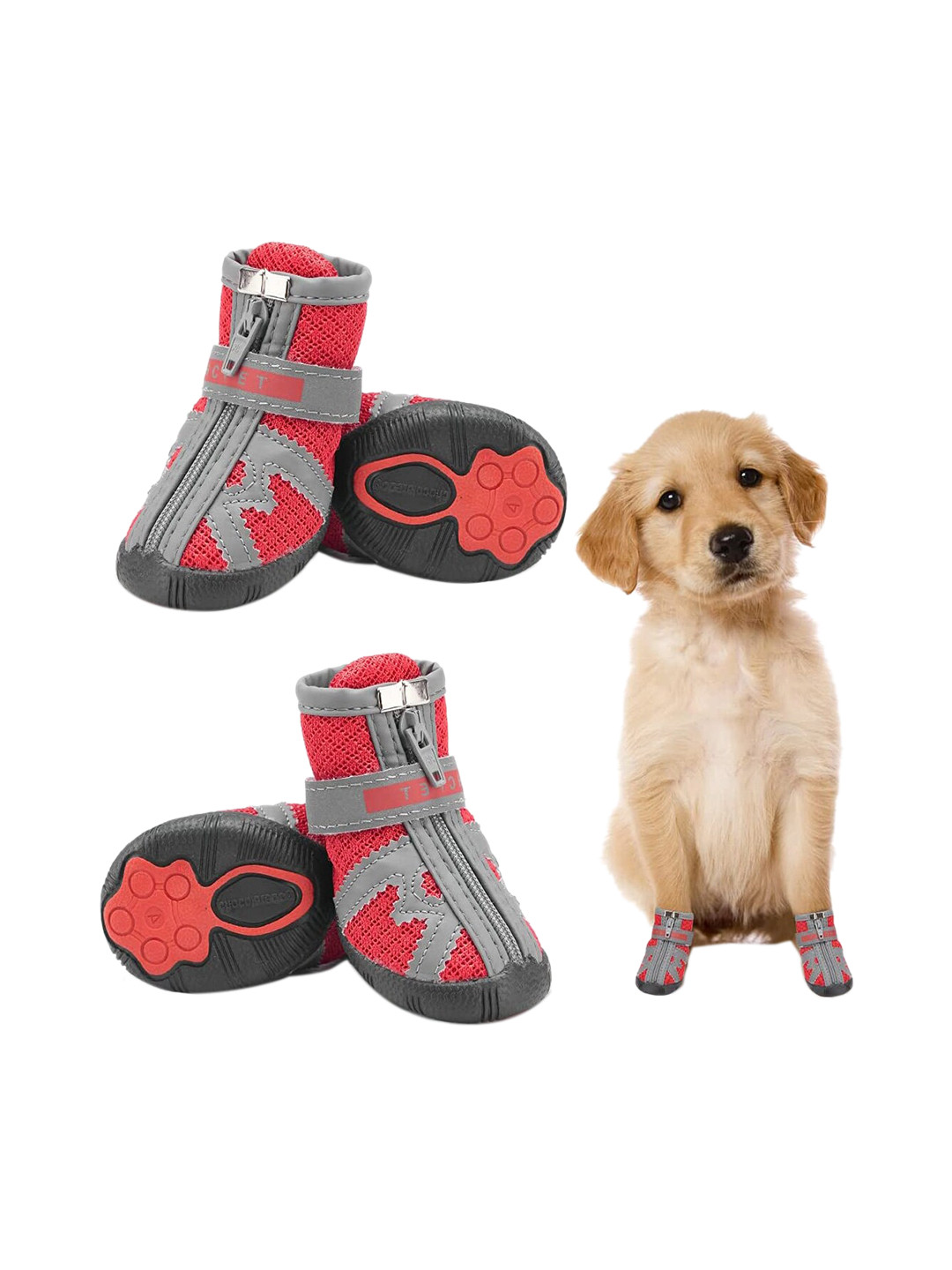PAWCHIE Red Patterned Anti-Slip Boots Paw Protective With Reflective Straps Dog Shoes