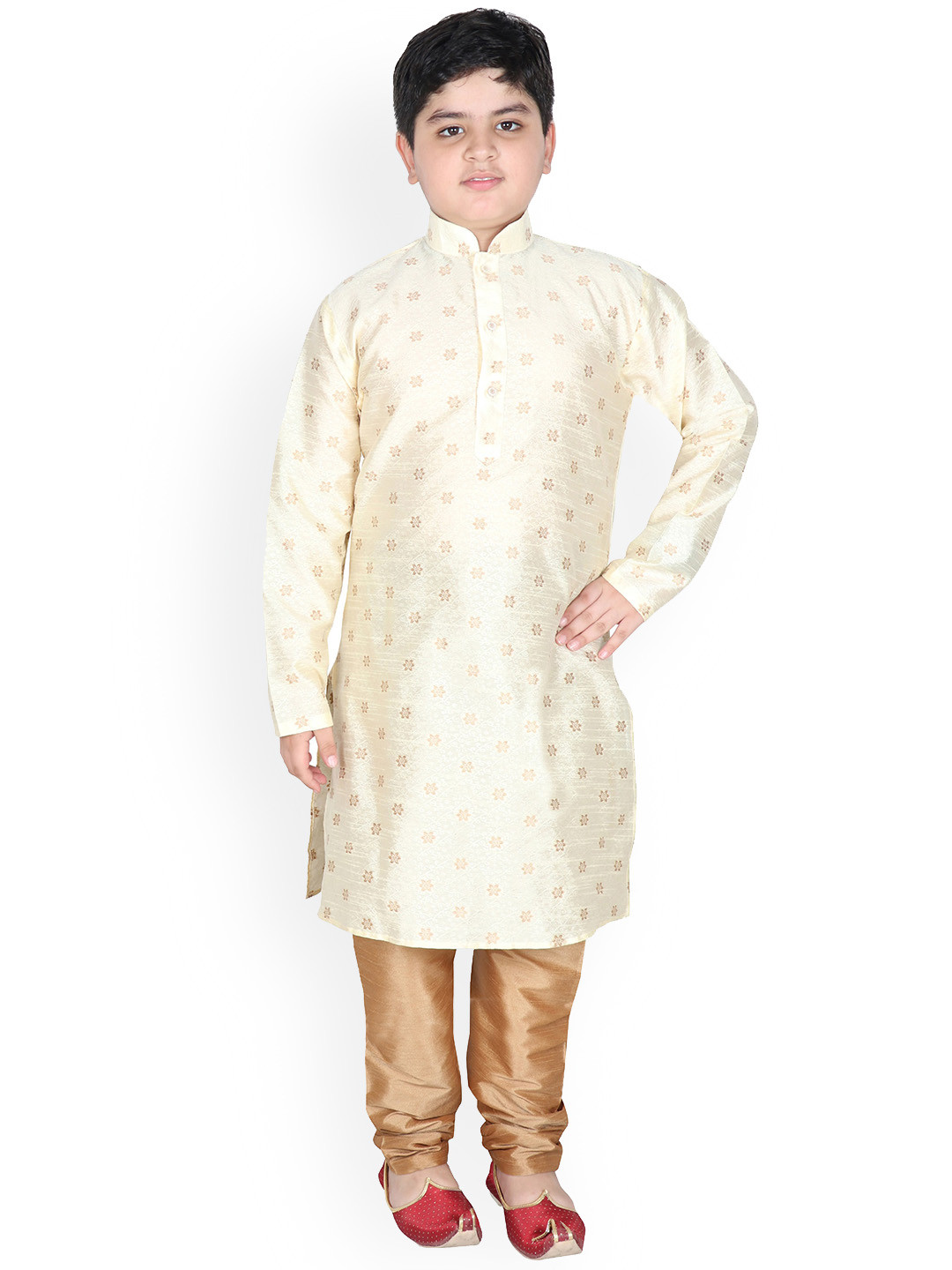 SG YUVRAJ Boys Cream & Gold Raw Silk Kurta with Churidar