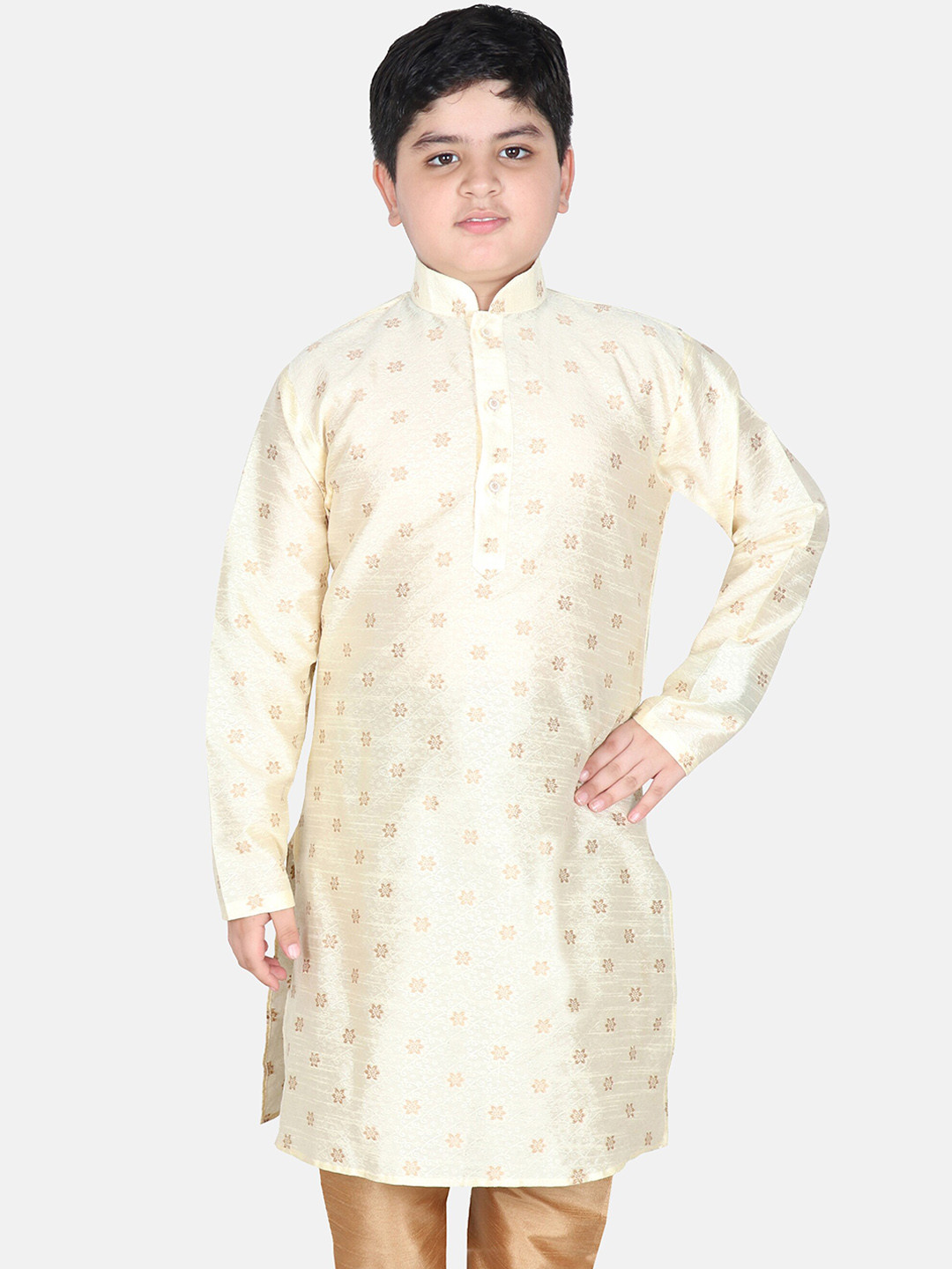 SG YUVRAJ Boys Cream-Coloured Floral Raw Silk Kurta