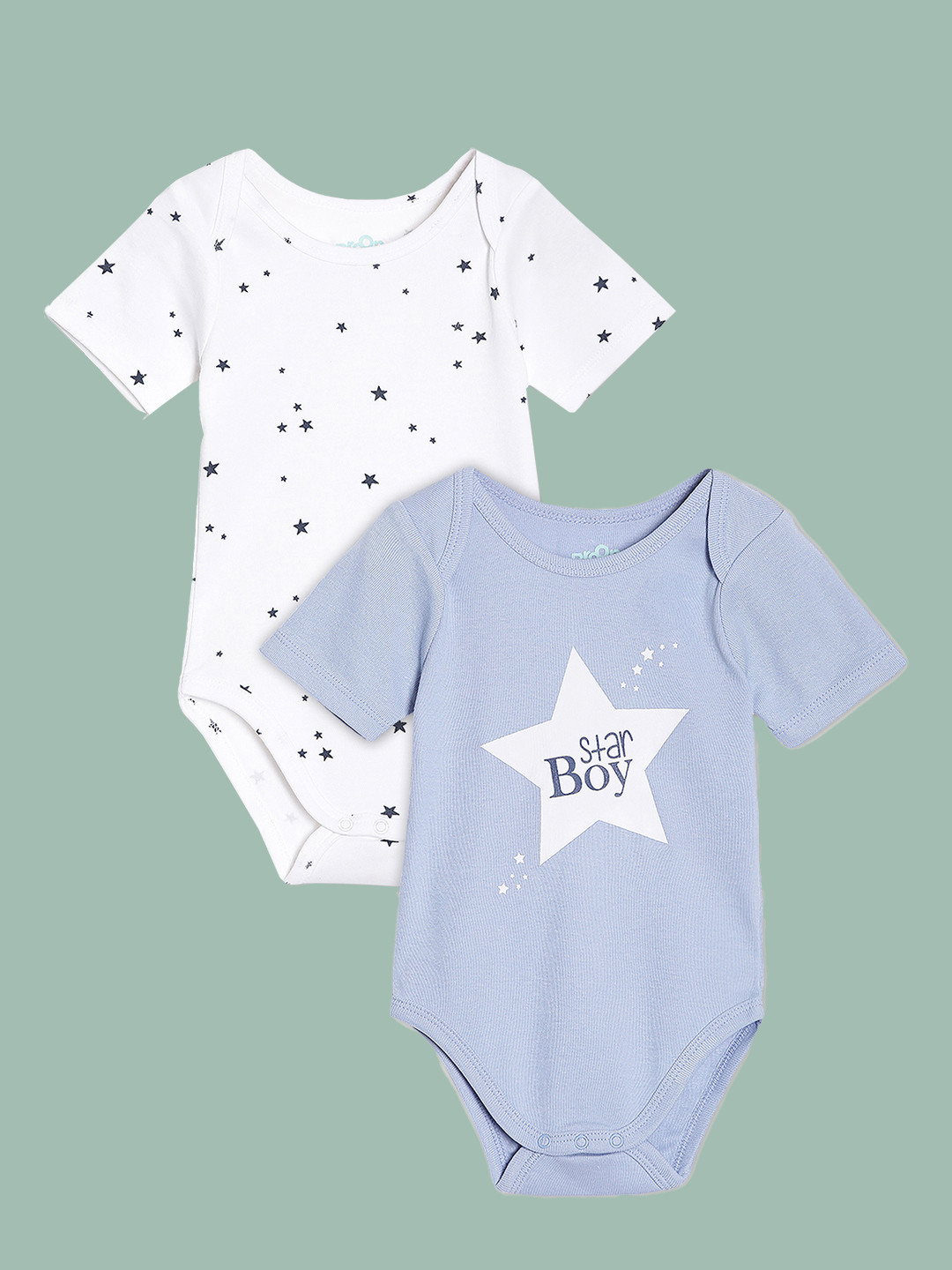 Broon Infant Boys Pack Of 2 Blue & White Printed Pure Cotton Bodysuits