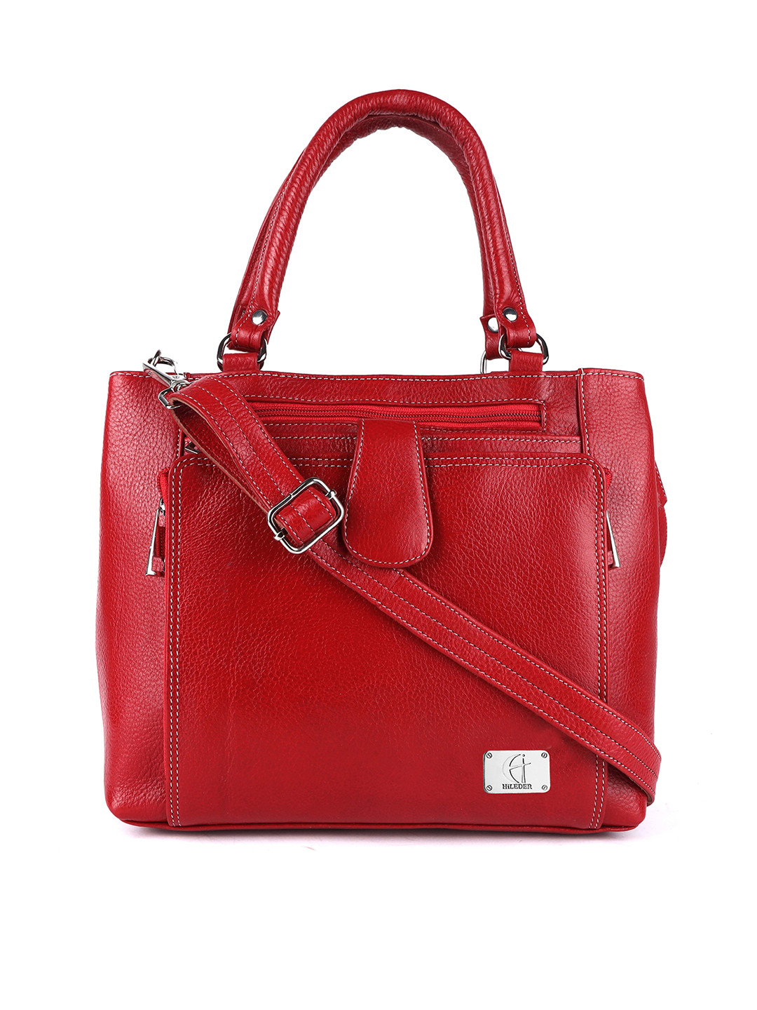 HiLEDER Red Leather Structured Handheld Bag with Cut Work