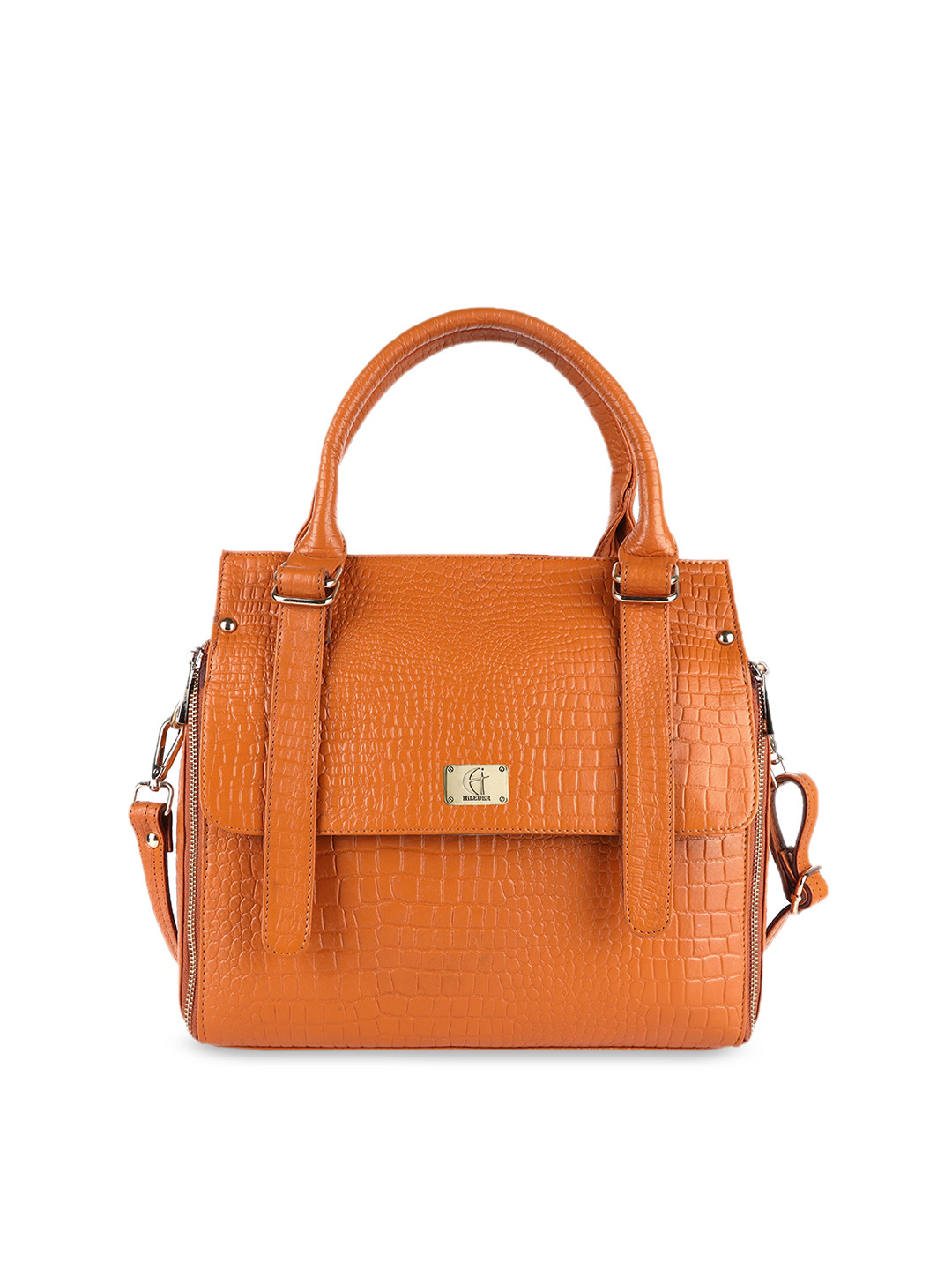 HiLEDER Orange Textured Pure Leather Designer Structured Handheld Bag