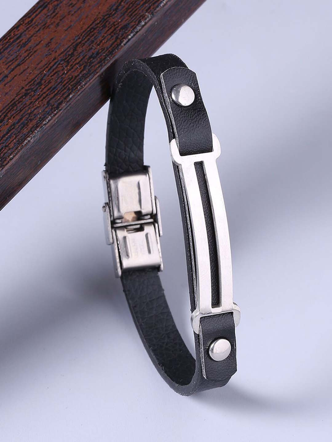 Dare by Voylla Men Silver-Toned & Black Leather Silver-Plated Wraparound Bracelet