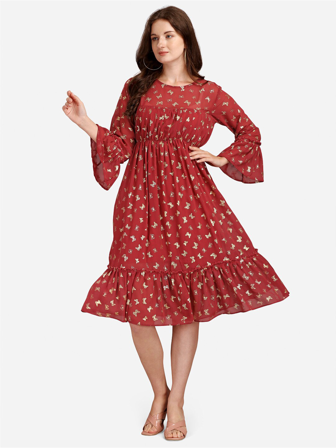 GUFRINA Maroon Butterfly  Printed  Fit and Flare Dress