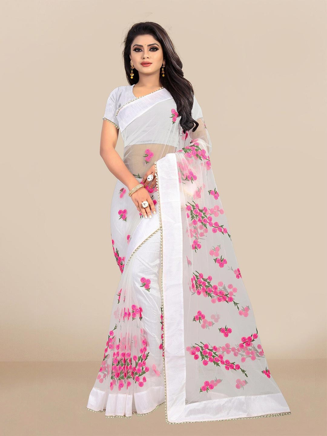 JSItaliya  White Embellished Embroidered Net Saree