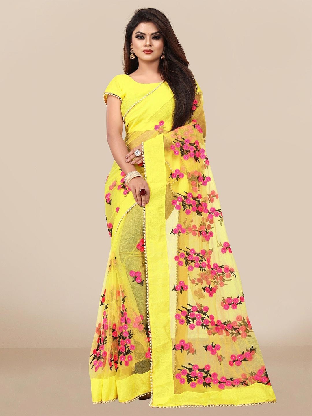 JSItaliya Yellow & Pink Floral Embroidered Net Saree