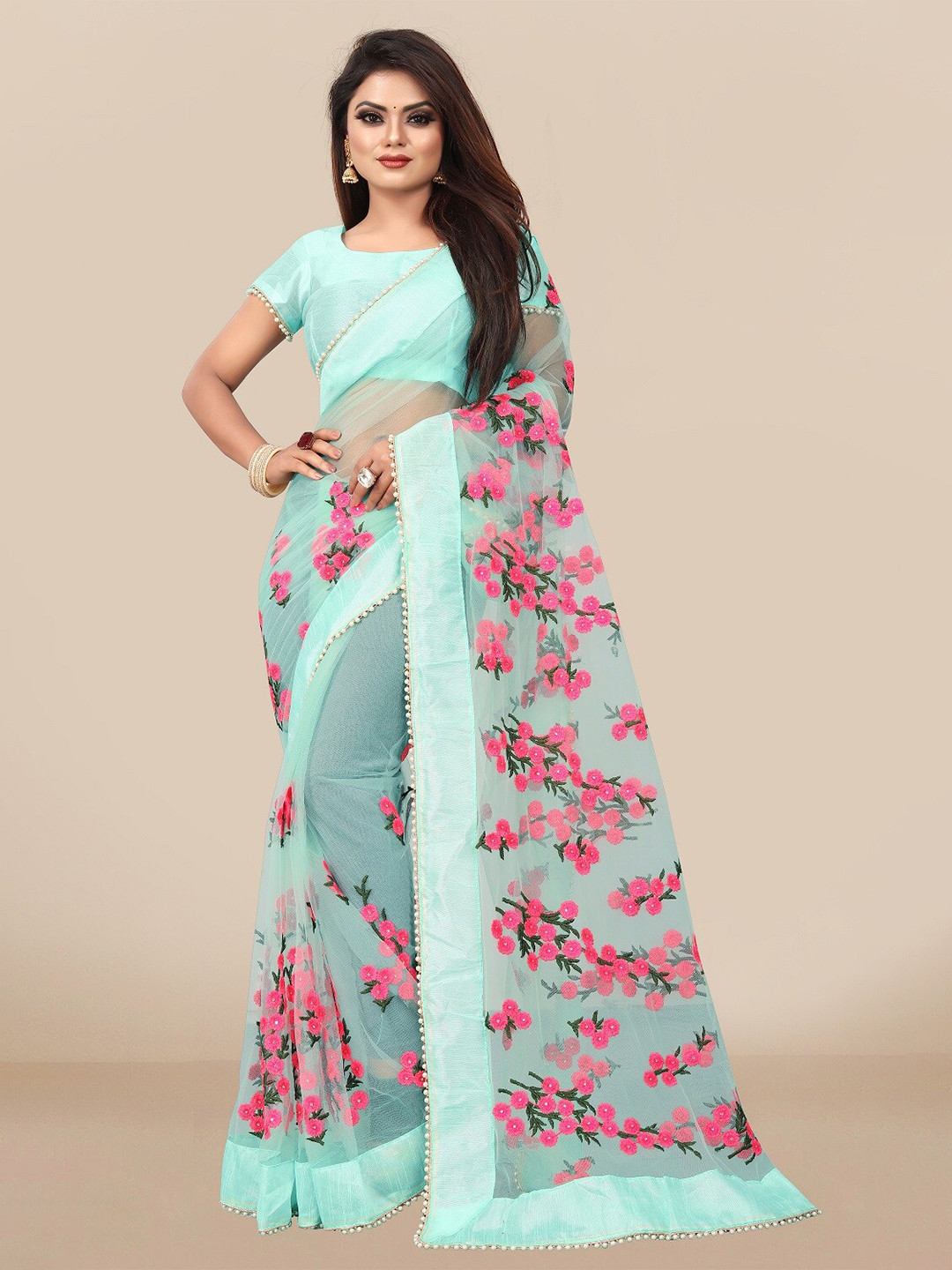 JSItaliya Red & Green Embellished Embroidered Net Saree