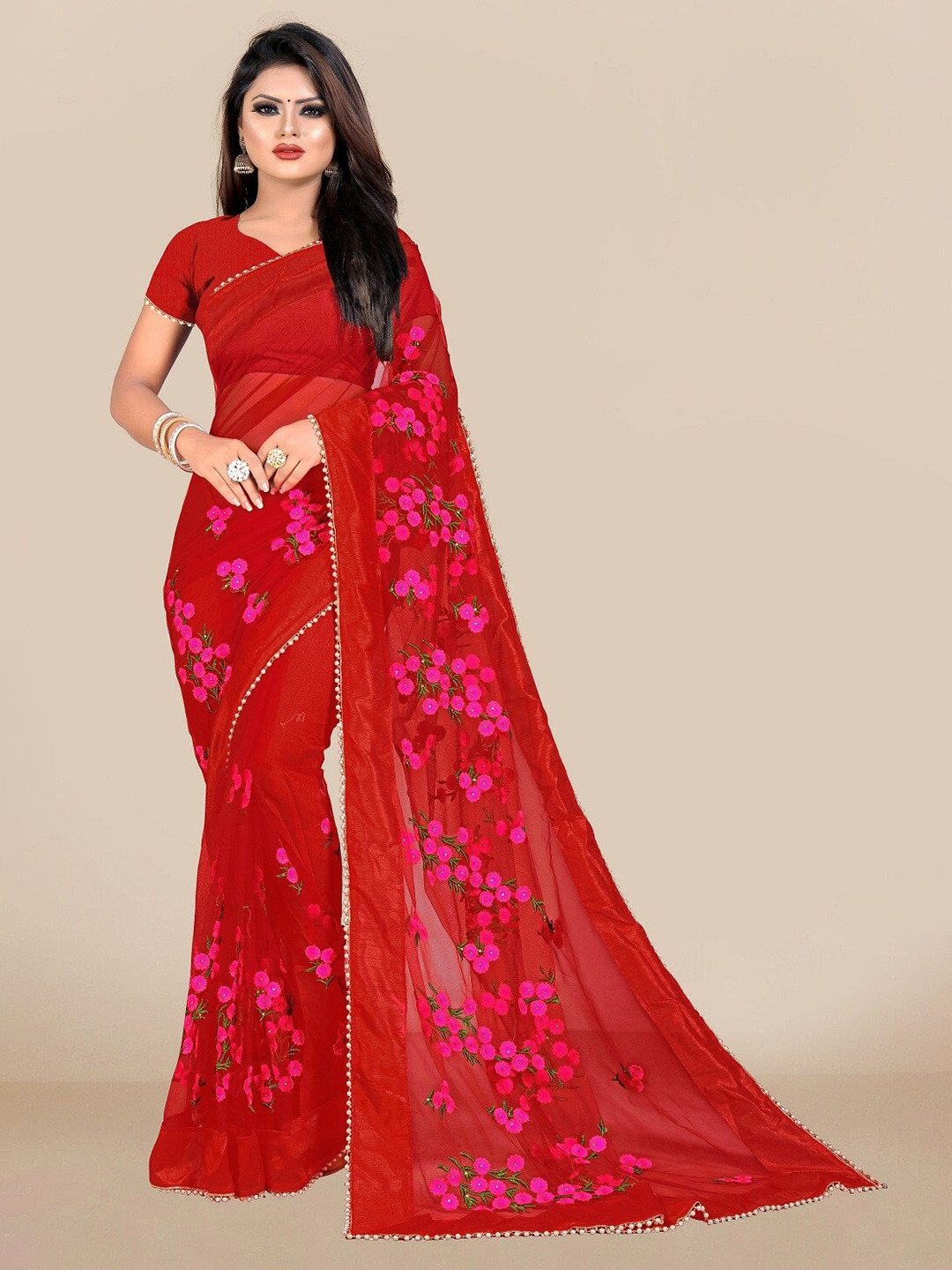JSItaliya Red & Pink Embellished Embroidered Net Saree