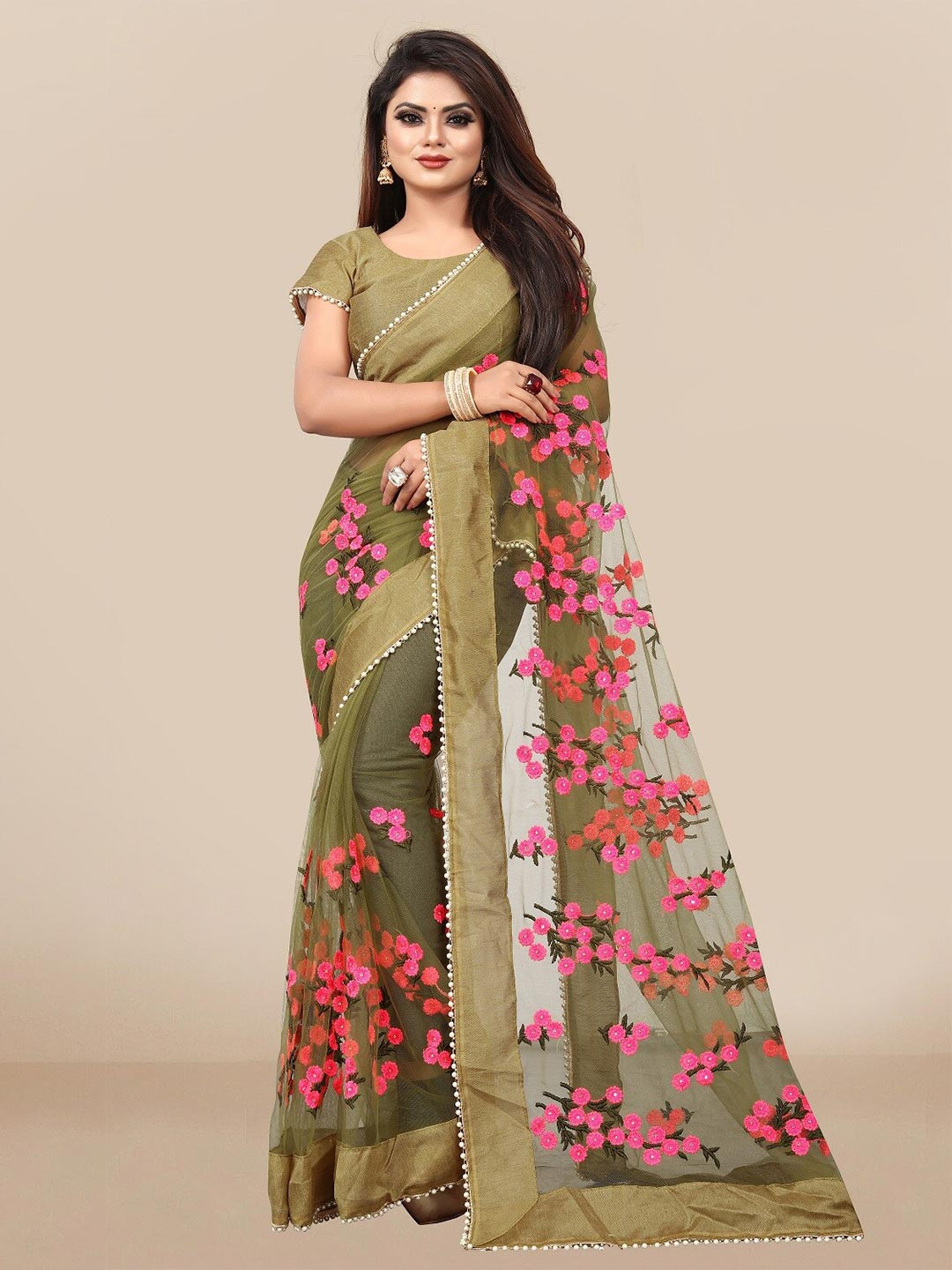 JSItaliya Olive Green & Pink Embellished Embroidered Net Saree