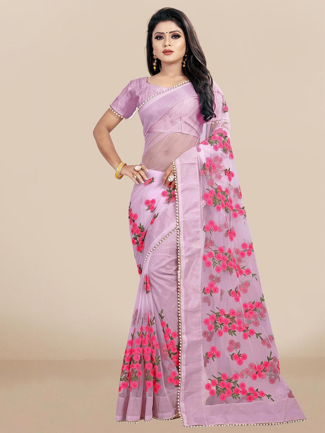 JSItaliya Pink Embellished Beads And Stones Net Saree With Blouse Piece