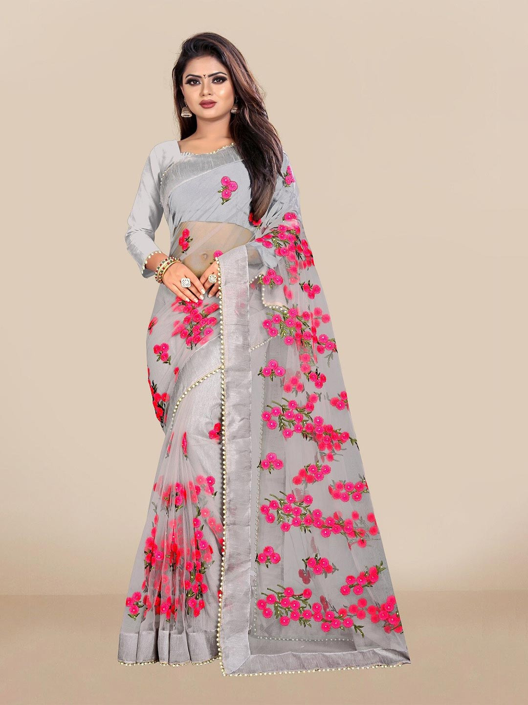 JSItaliya Grey & Pink Embellished Beads and Stones Net Saree With Blouse Piece