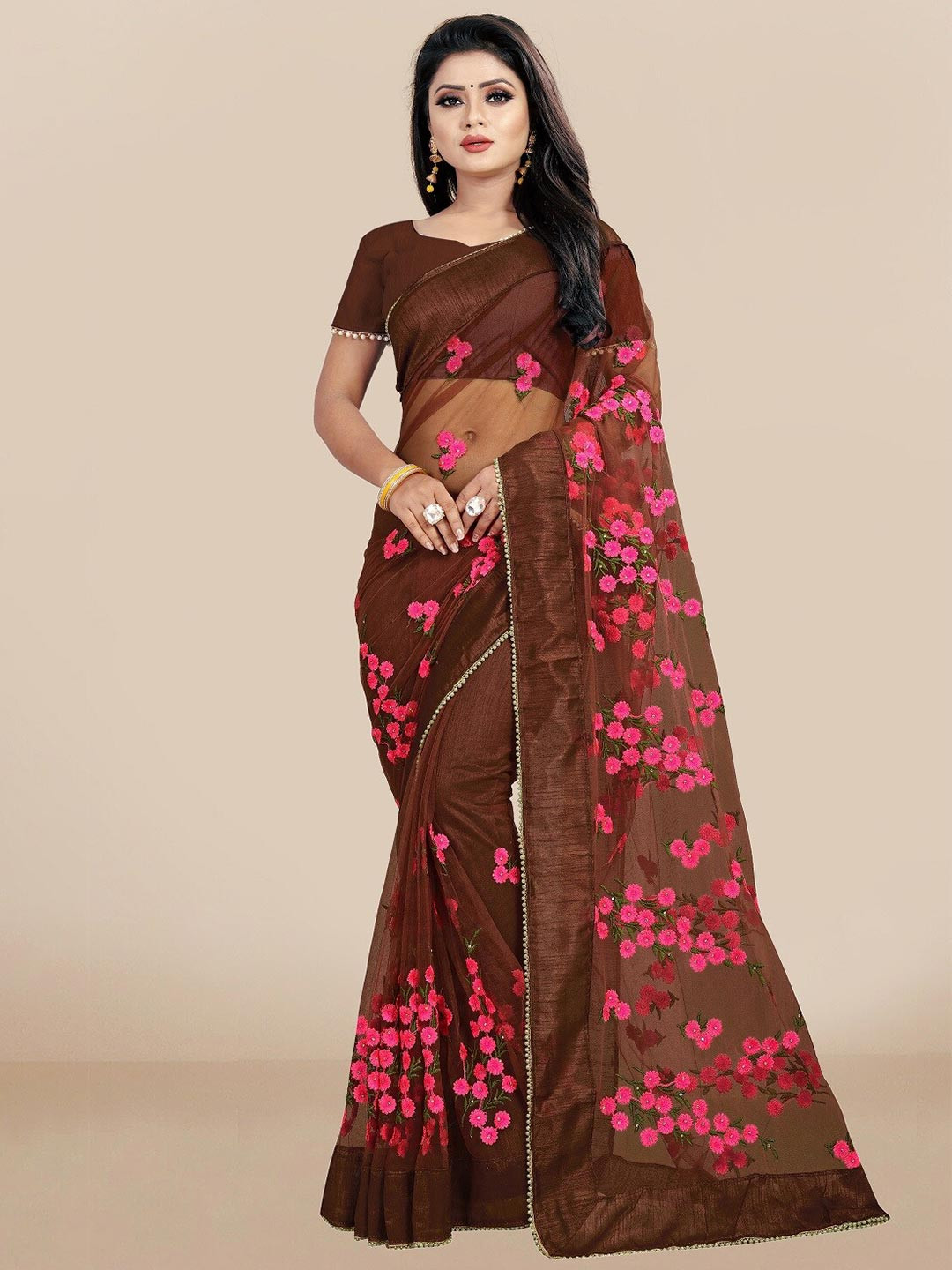 JSItaliya Women Coffee Brown Embroidered Soft Net Sarees