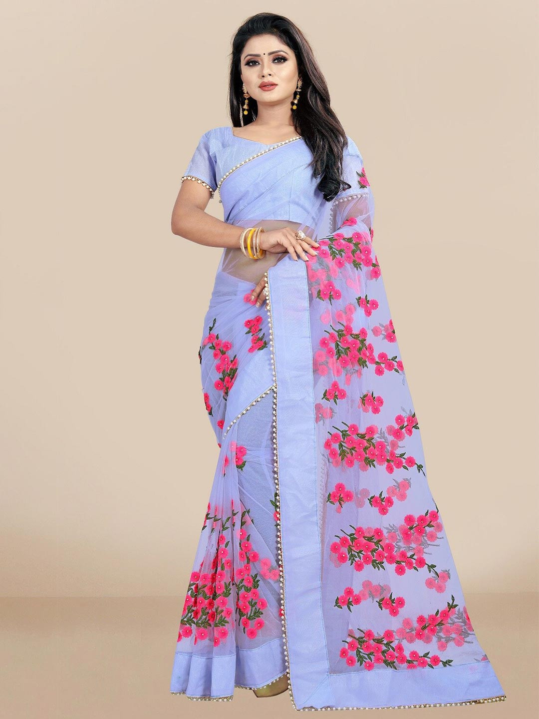 JSItaliya Lavender & Pink Embellished Embroidered Net Saree
