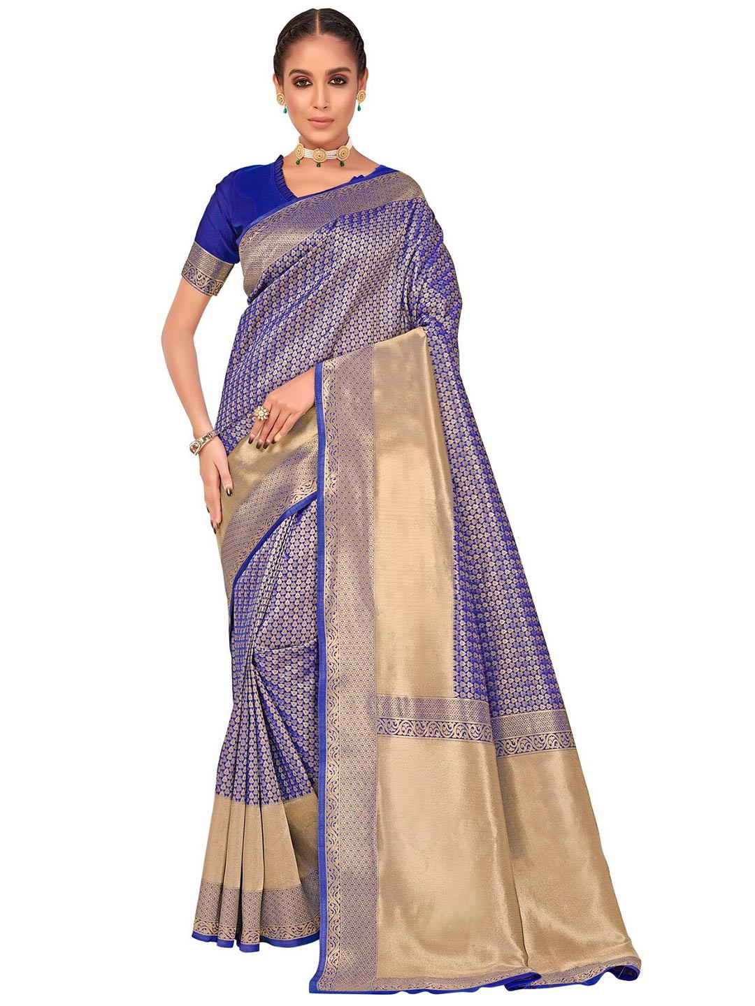 SARIYA Blue & Gold-Toned Ethnic Motifs Zari Silk Blend Banarasi Saree