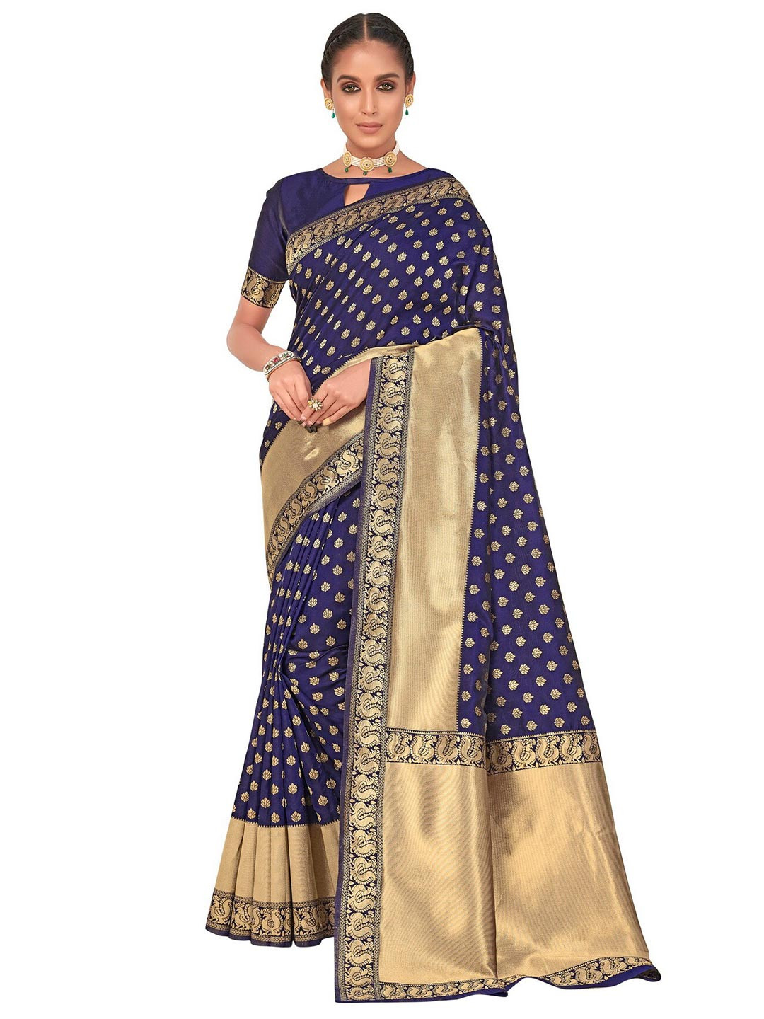 SARIYA Navy Blue & Gold-Toned Ethnic printed Zari Silk Blend Banarasi Saree