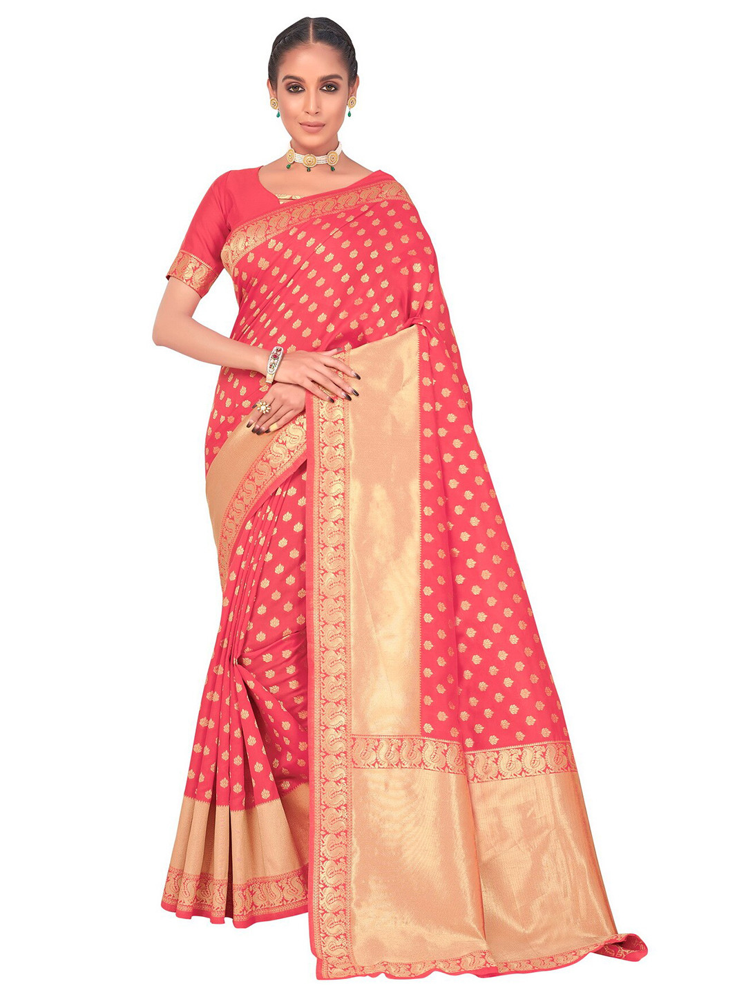 SARIYA Pink & Gold-Toned Floral Zari Silk Blend Banarasi Saree