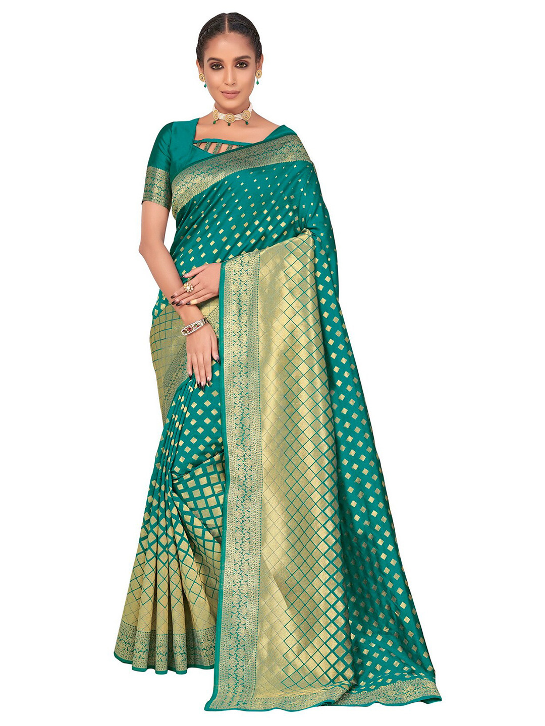 SARIYA Teal & Gold-Toned Floral Zari Silk Blend Banarasi Saree