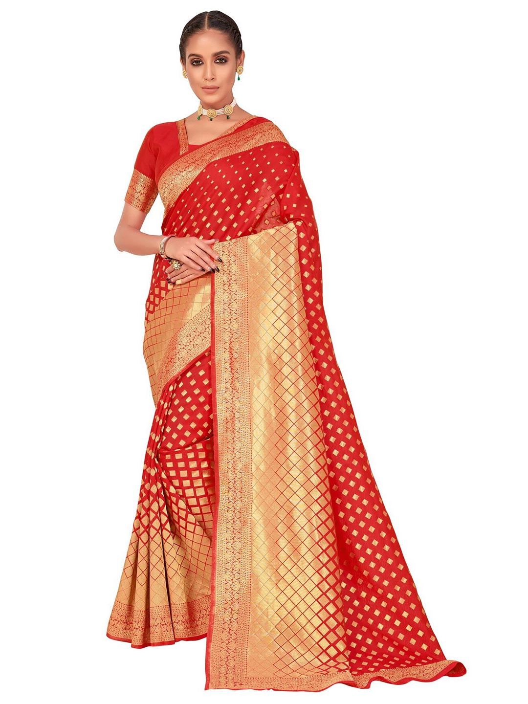 SARIYA Women Red & Gold-Toned Zari Silk Blend Banarasi Saree