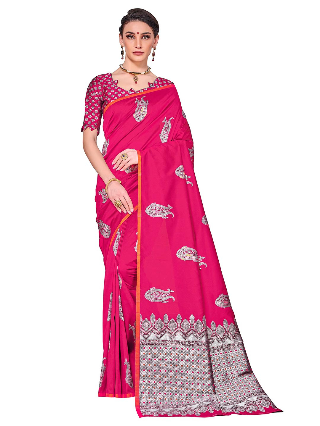 SARIYA Pink & Silver-Toned Zari Silk Blend Banarasi Saree