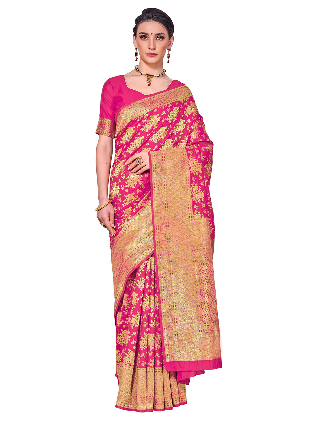 SARIYA Pink & Gold-Toned Zari Silk Blend Banarasi Saree