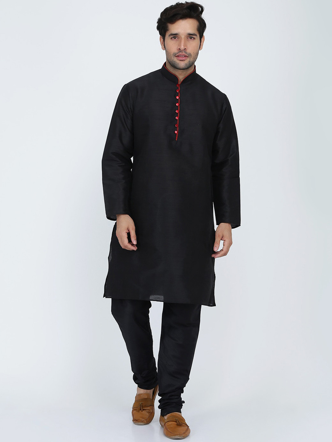 ROYAL KURTA Men Black Silk Blend Loop Button Kurta