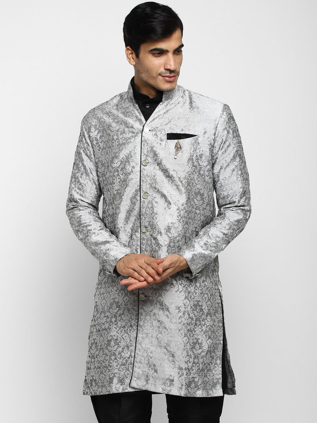 ROYAL KURTA Men Silver-Toned Embroidered Summer Sheers Pathani Kurta