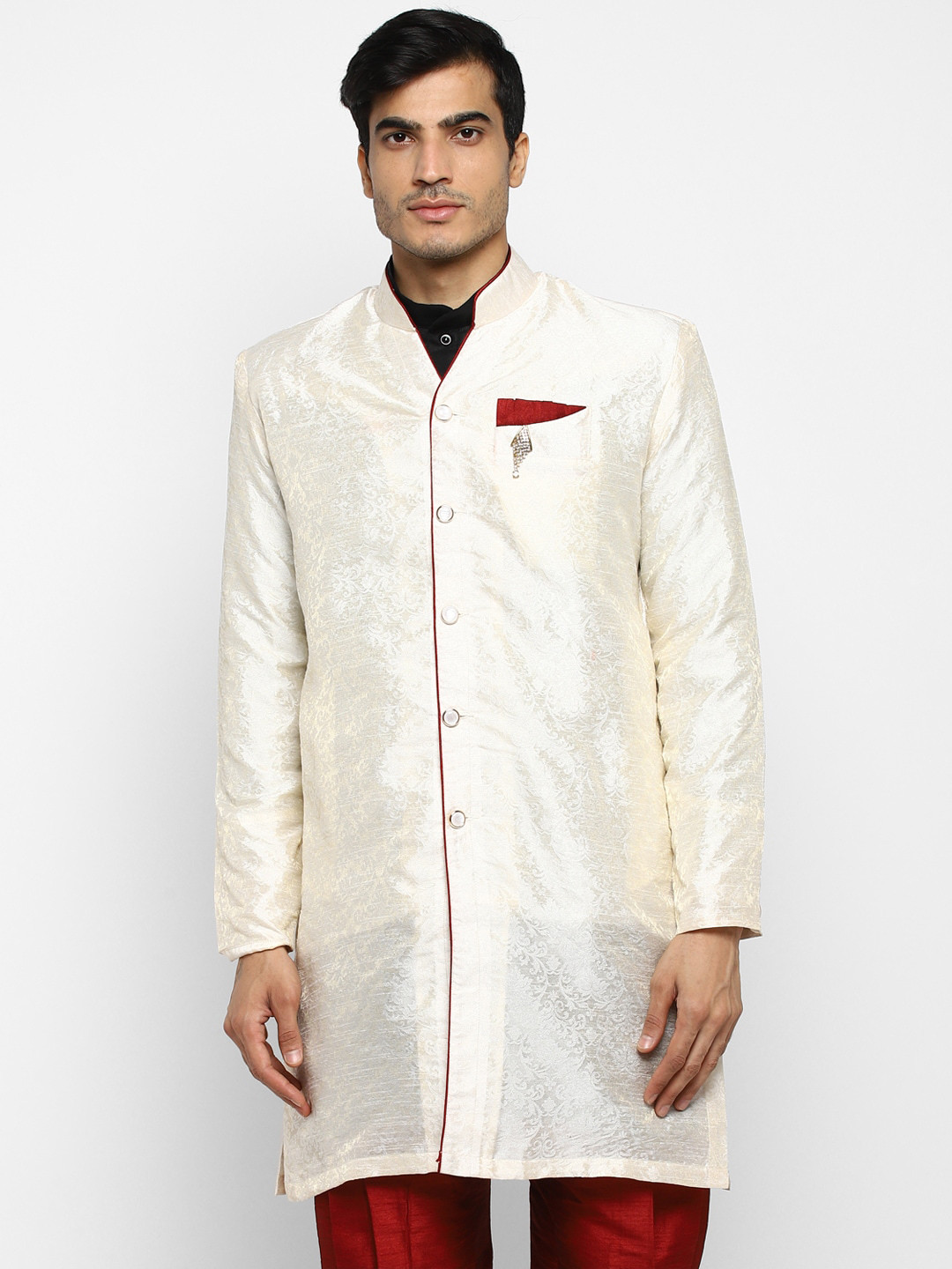 ROYAL KURTA Men Cream-Coloured Summer Sheers Silk Floral Print Kurta