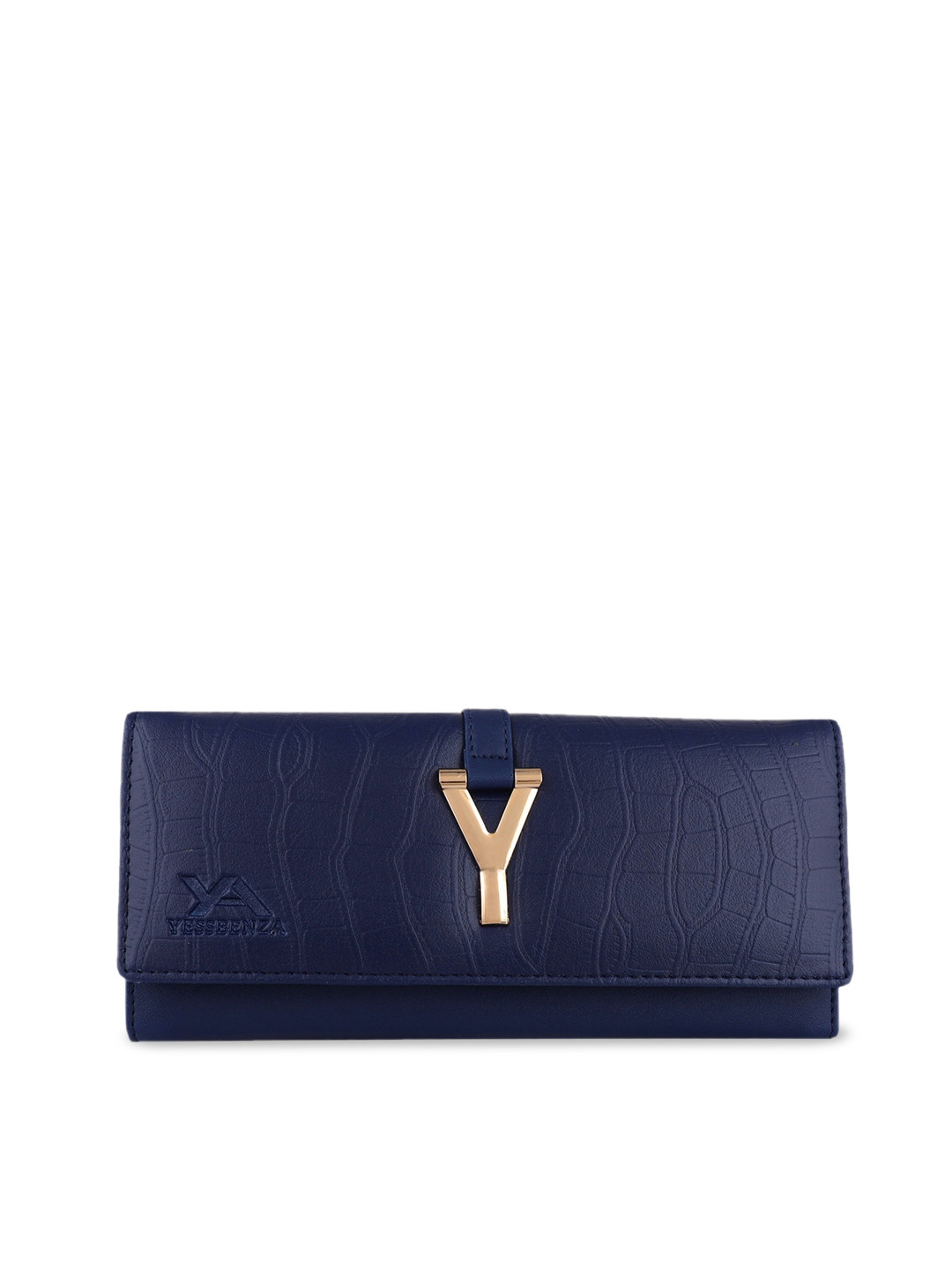 YESSBENZA Navy Blue & Gold-Toned Textured Buckle Detail Envelope Clutch