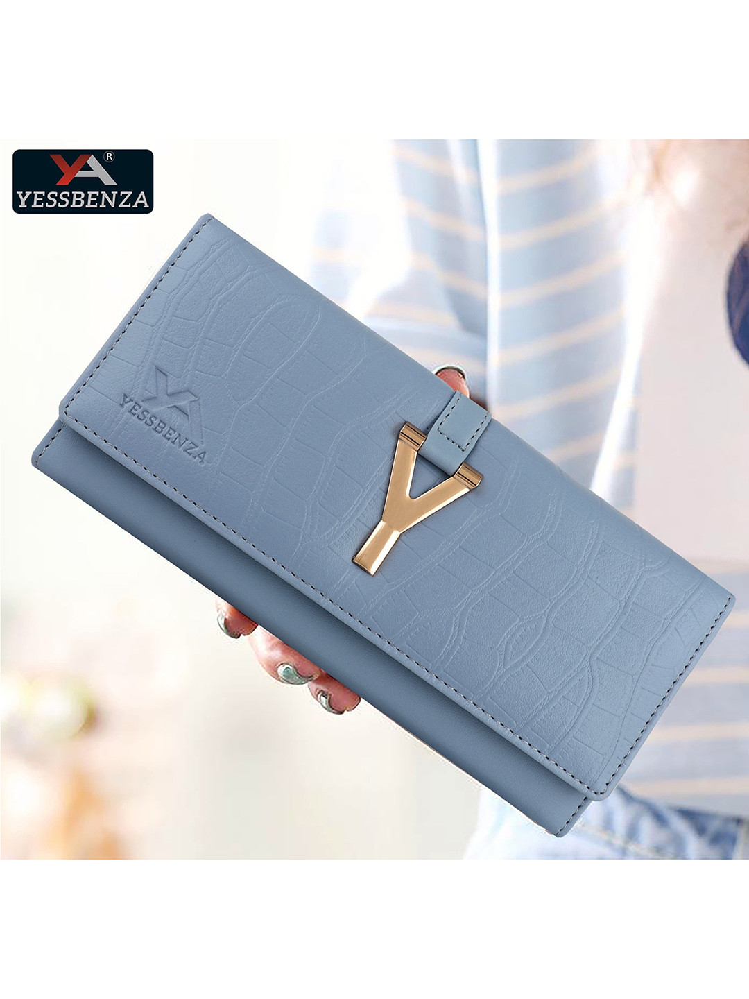 YESSBENZA Blue & Gold-Toned Textured Buckle Detail Envelope Clutch