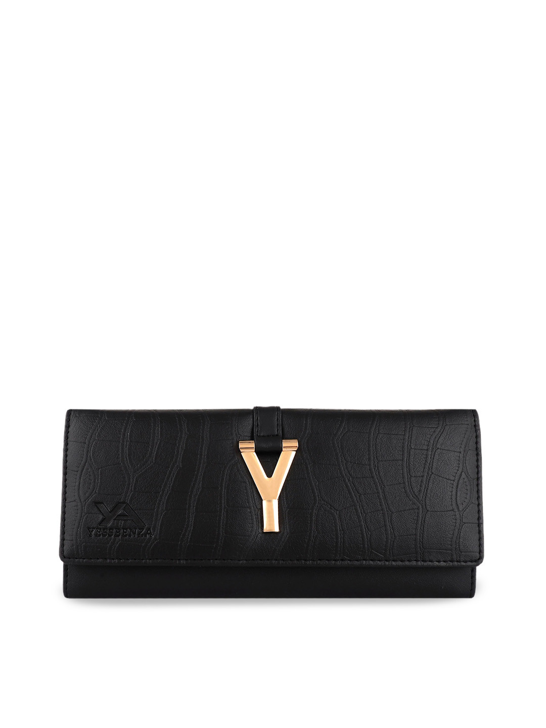 YESSBENZA Black & Gold-Toned Textured Buckle Detail Envelope Clutch