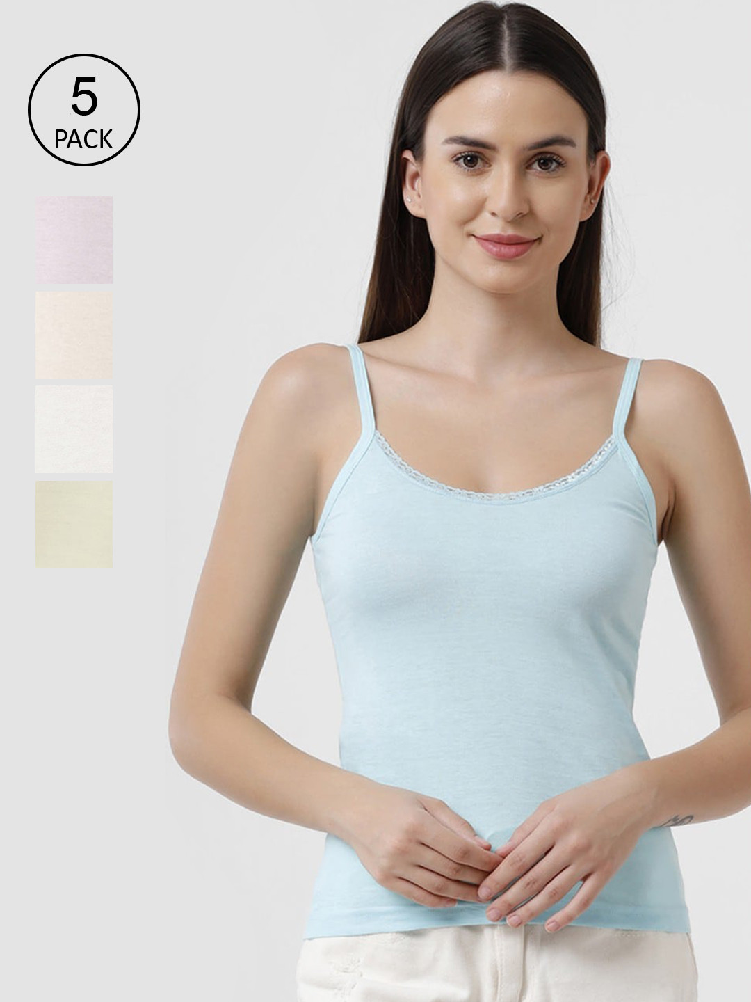 JON Women Pack Of 5 White & Pink Solid Cotton Camisoles