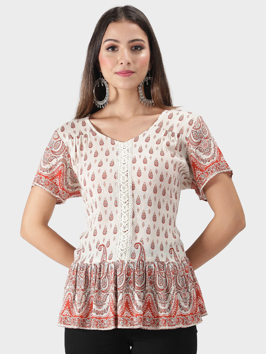 DEBONATELLA White & Red Printed Crepe Peplum Top