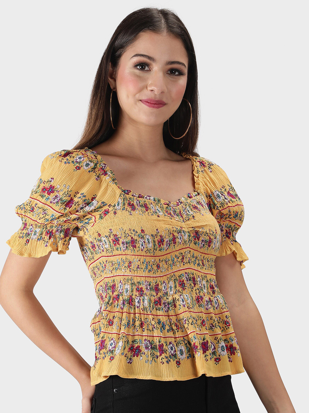 DEBONATELLA Mustard Yellow & Maroon Floral Print Sweetheart Neck Smocked Crepe Top