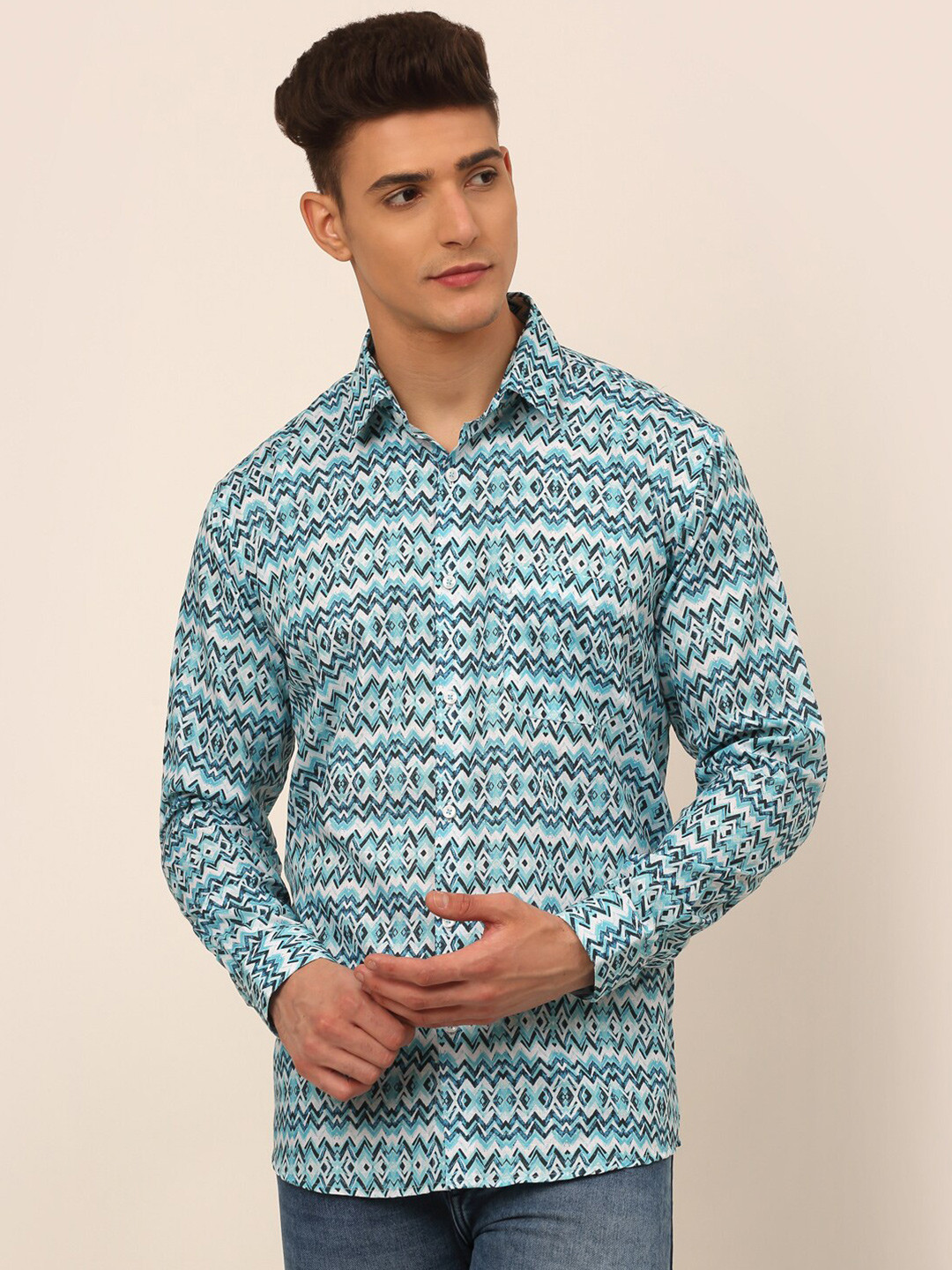 JAINISH Men Turquoise Blue Classic Printed Casual Long sleeve Shirt