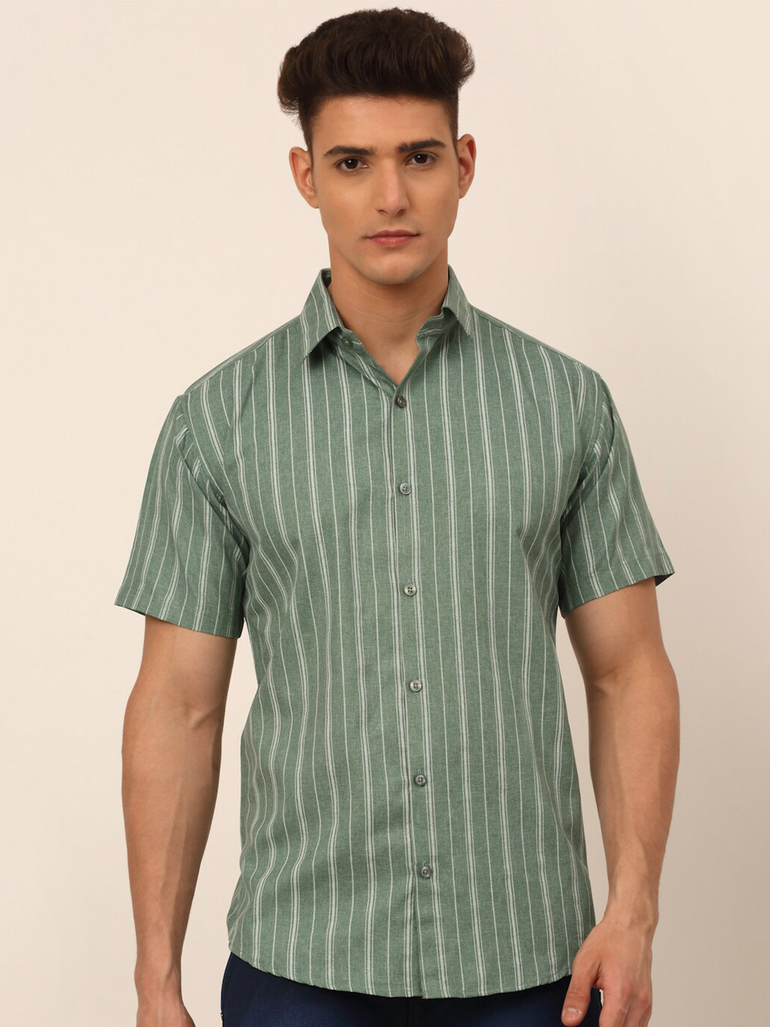 JAINISH Men Green Classic Striped Casual Shirt