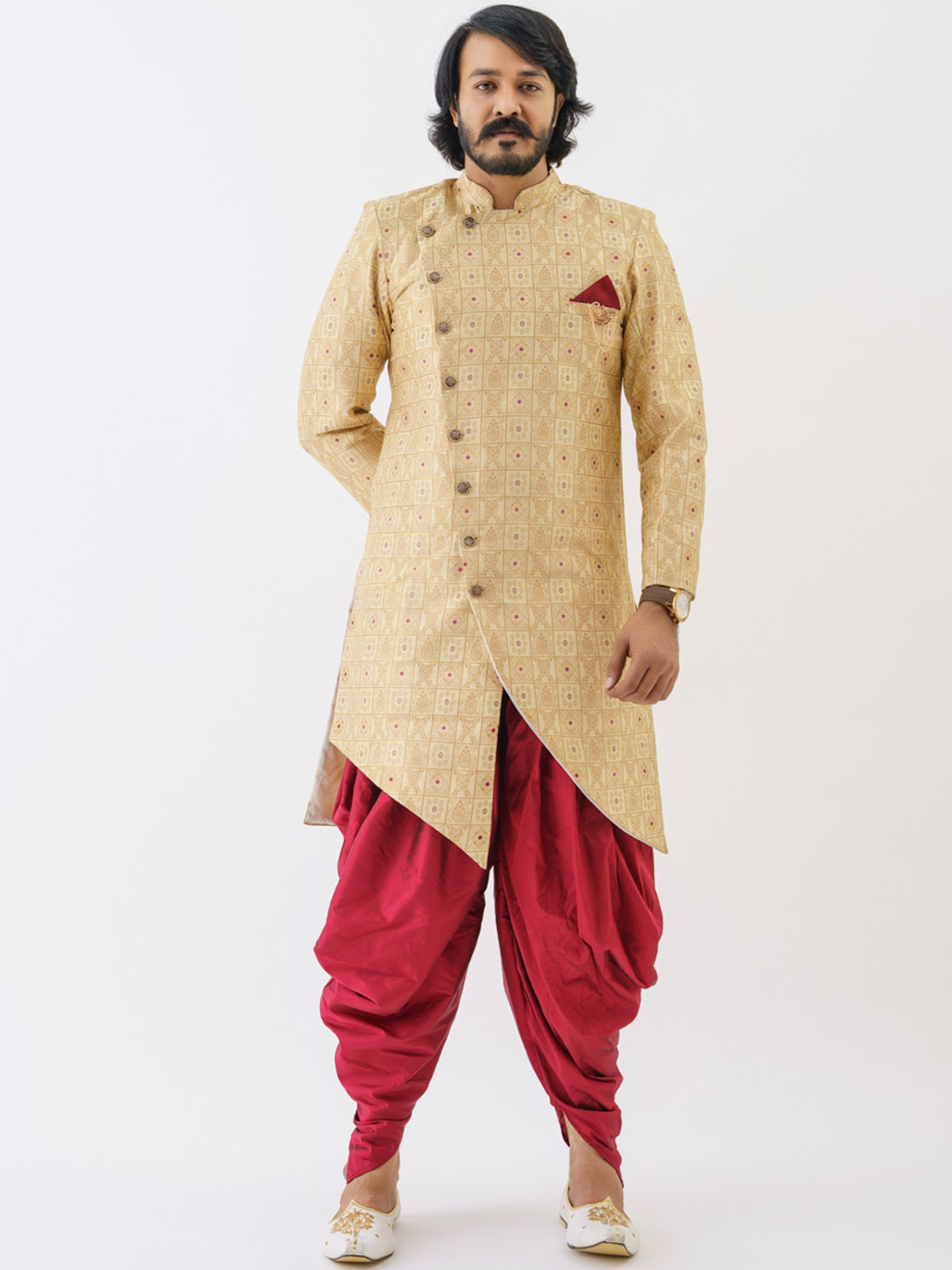 amzira Men Gold-Coloured & Maroon Woven-Design Sherwani Set