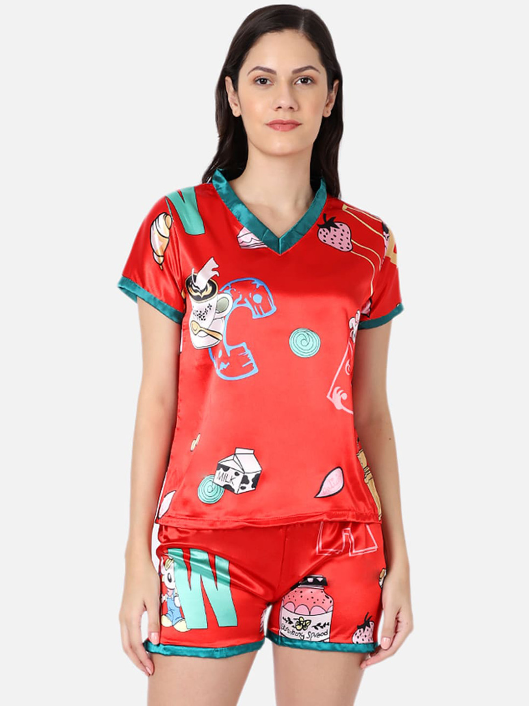 GRACIT Women Red & Blue Printed Night suit-NNS19-03-Red