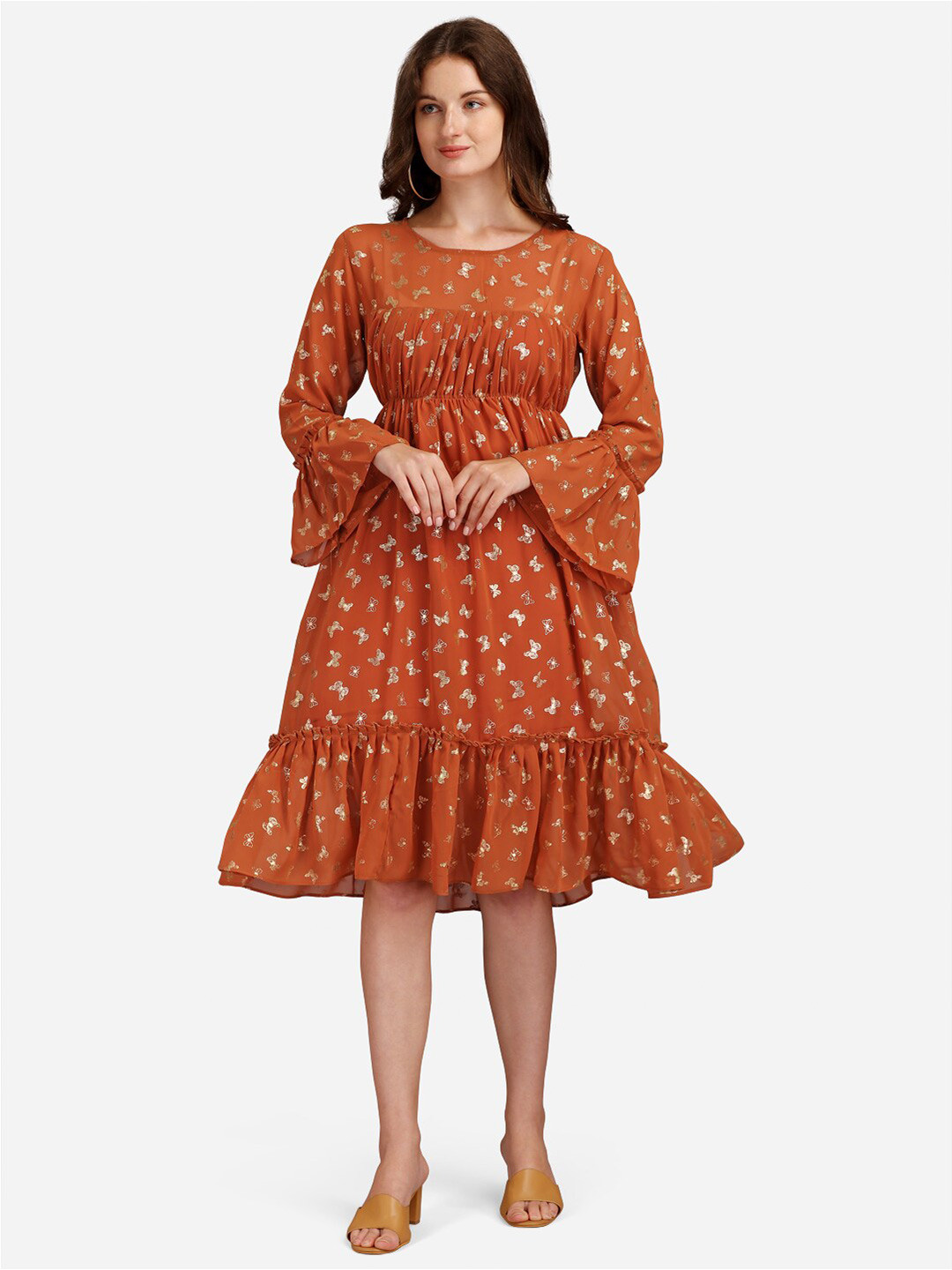 GUFRINA Orange Floral Georgette Empire Midi Dress